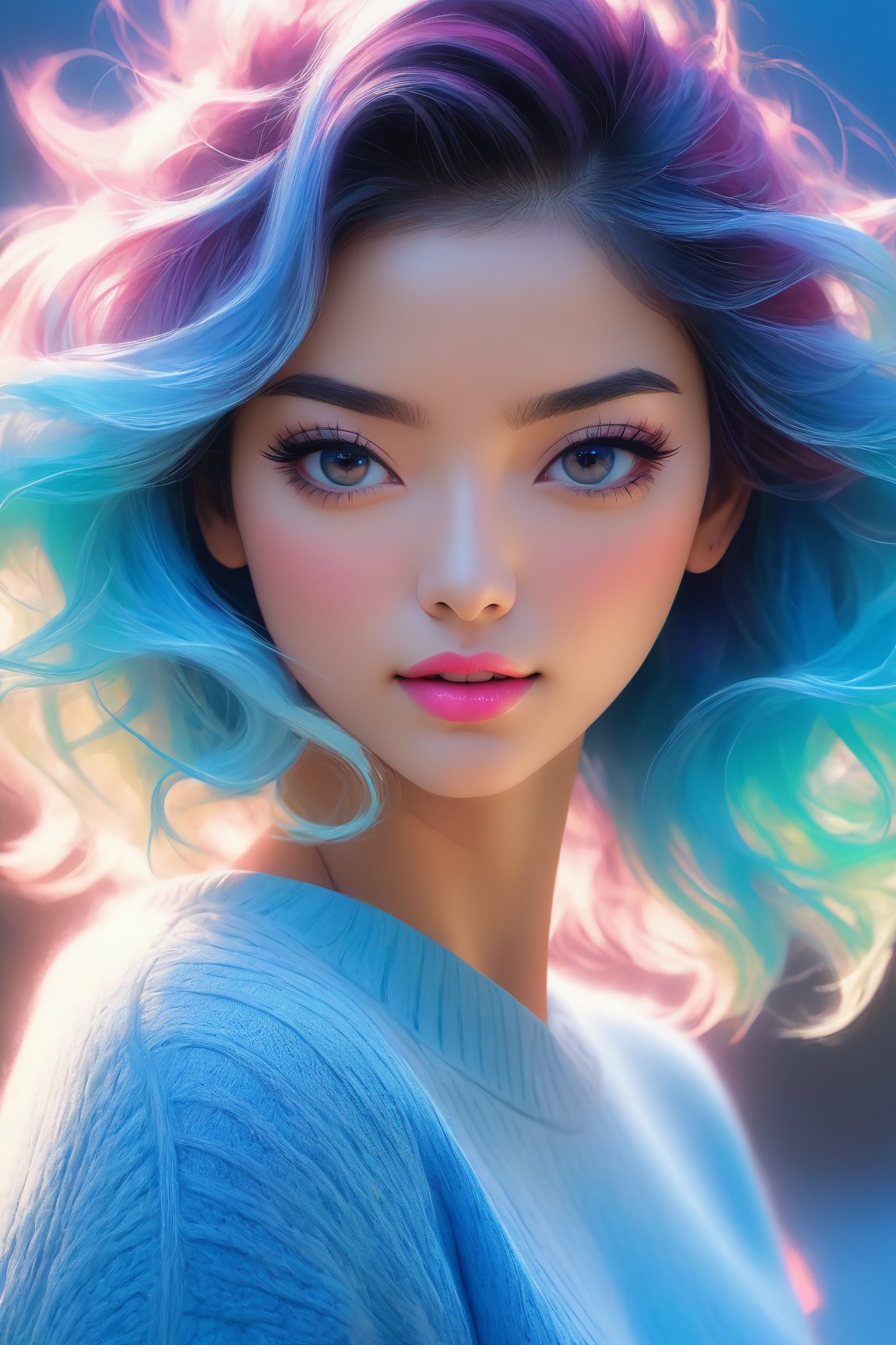 anime,realistic,sketch,1girl,lip,Sweater,Blue gradient background,Neon hair,Textured crop,(best quality,4k,8k,highres,masterpiece:1.2),ultra-detailed,(realistic,photorealistic,photo-realistic:1.37),portraits,colorful,vibrant,soft lighting,long lashes,pretty face,expressive eyes,pinpoint pupils,cartoonish style,dynamic pose,digitally painted,subtle shading,clean lines,meticulous detailing,traditional anime style,cell shading look,cherry blossom petals,shimmering effects,single focus subject,dark outlines,soft pastel colors,high contrast,emotionally charged,playful expression,three-quarter view,light blush on cheeks,deeper eye shadows,shiny lip gloss,playful swirls of hair,glowing neon highlights,textured fabric of sweater,bold color gradient background,gradient shades of blue,cool color palette,dreamy atmosphere,striking visual impact,eye-catching composition.