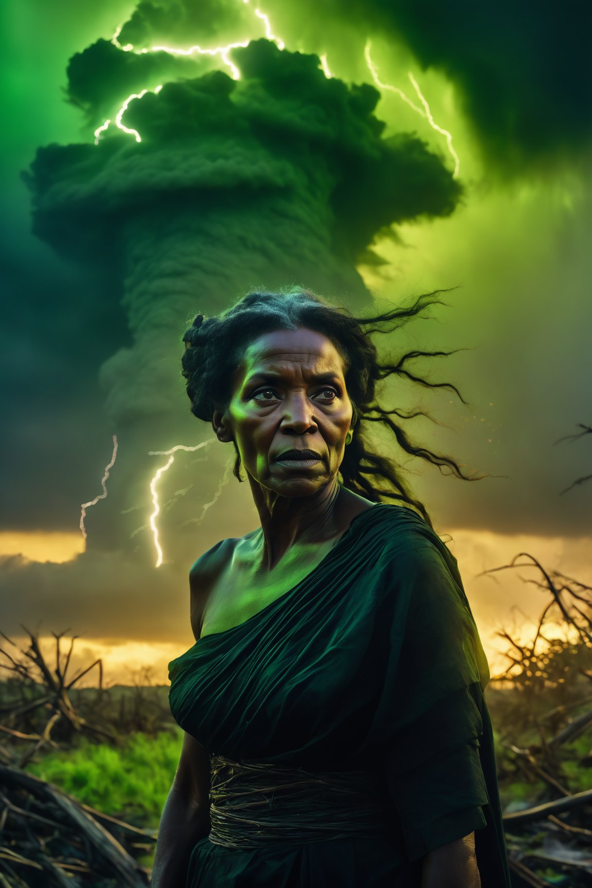 A black elder druid woman, surrounded by an epic dramatic catastrophic image of a tornado of desperate souls, all in furious motion. Bathed in soft acid green light, the scene exudes an austere atmosphere. The woman, the focal point of the portrait, is ultra-detailed and exhibits a realistic, photorealistic depiction with the best quality, 4k, 8k, highres, and masterpiece level of detail. The image captures the essence of darkness and mysteriousness, with a touch of HDR for added depth and vibrancy. The landscape around her is apocalyptic, creating a surreal and emotionally charged atmosphere. The composition of the scene is suspenseful and eerie, leaving viewers with a sense of curiosity and foreboding. The lighting brings out the intricate details and creates a visually striking and immersive experience.