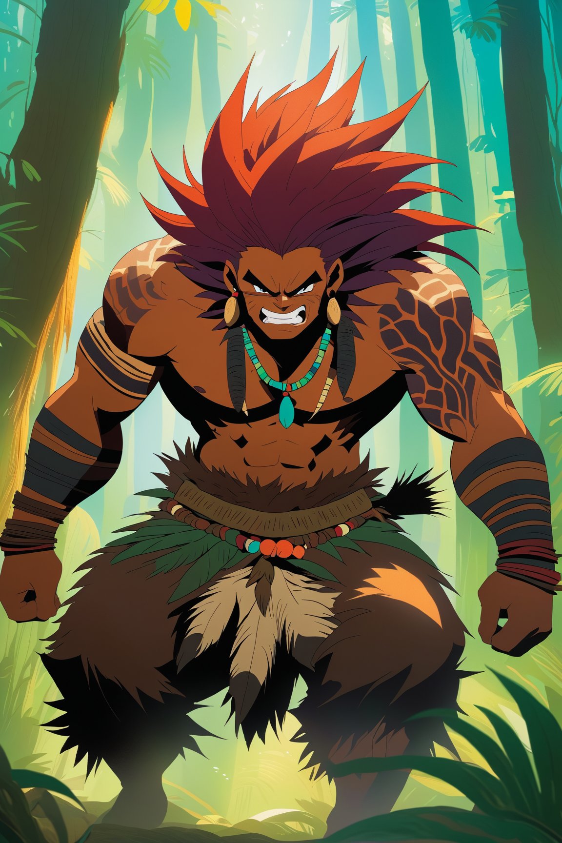 Illustrate a captivating scene in an (Anime style) featuring a (savage male) exuding a wild charm with his (spiky crimson hair). He is adorned in a primitive ensemble, donning a (loin cloth) and a shirt crafted from (deep brown animal fur). The scene pulsates with untamed energy, emphasized by (feral expressions) and (tribal markings) adorning his skin in vibrant hues. Pay meticulous attention to the rich and immersive (forest-green environment), enhancing the cinematic feel. Provide a dynamic backdrop that complements the character's wild and savage demeanor, using (earthy browns) and (deep greens). This illustration aspires to capture the essence of a primal and fierce male, infused with vibrant colors and a vivid, cinematic (portrait).