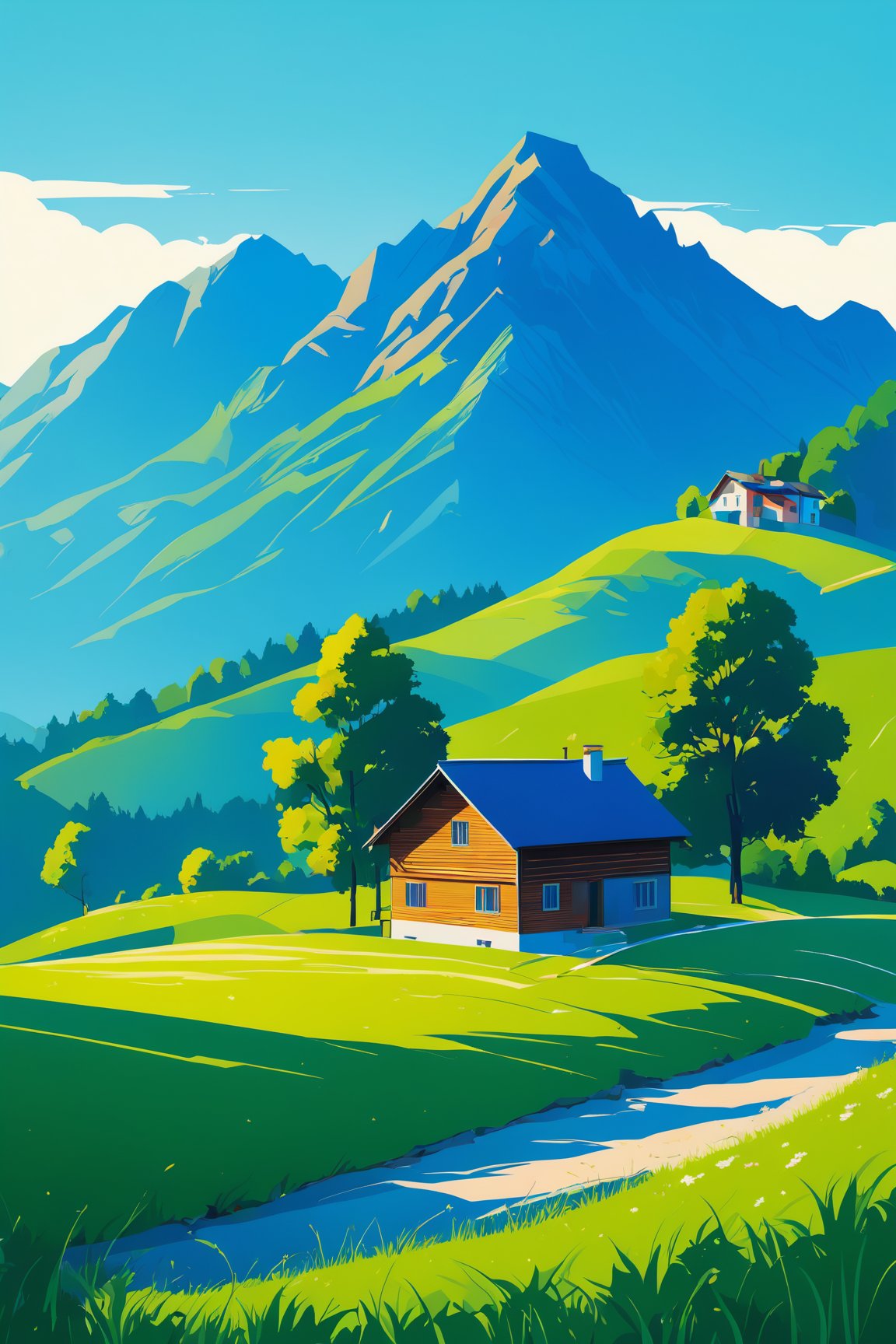 vector illustration, (best quality, 4k, 8k, highres, masterpiece:1.2), ultra-detailed, minimalism, outdoors, grass, scenery, mountain, day, tree, blue sky, house