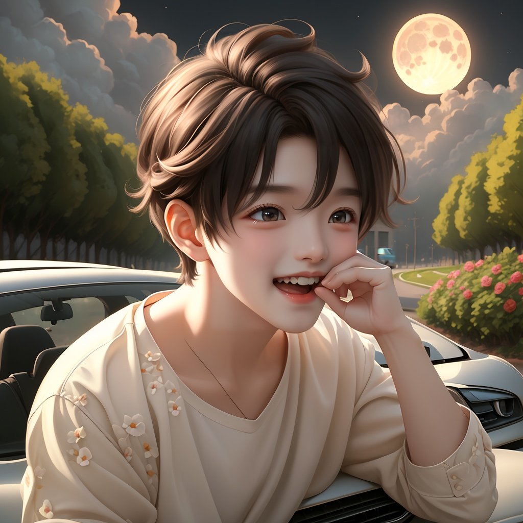 masterpiece,best quality,1boy,car,laugh,super detailed,cxs ,flowers,moon