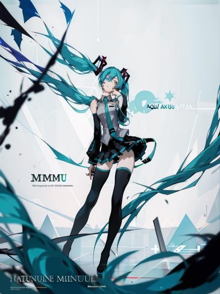 <lora:fishine-10:1>hatsune miku, aqua hair, aqua eyes, sleeveless vest, detached sleeves, necktie, skirt, thighhighs, standing, english text, masterpiece, best quality