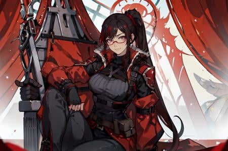 ultra detailed, masterpiece, best quality, solo,  <lora:fishine:1>,smug smile, throne, throne room, red banner, sitting, crossed legs, 1girl, purple eyes, red-framed eyewear, (black hair, red colored tips:1.2), red streaked hair, very long hair, side ponytail, tied hair, medium breasts,coat on shoulders, red dress, sleeves rolled up, fingerless gloves, holster, belt, multiple belts, combat boots, bulletproof vest, pants, black coat, tactical clothes,