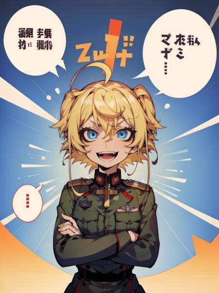 <lora:fishine-10:1>crossed arms, evil smile, crazy eyes, open mouth, (speech bubble, text focus:1.2), masterpiece, best quality, <lora:tanya-10:1>tanya, military, blonde hair, blue eyes, ahoge, military uniform