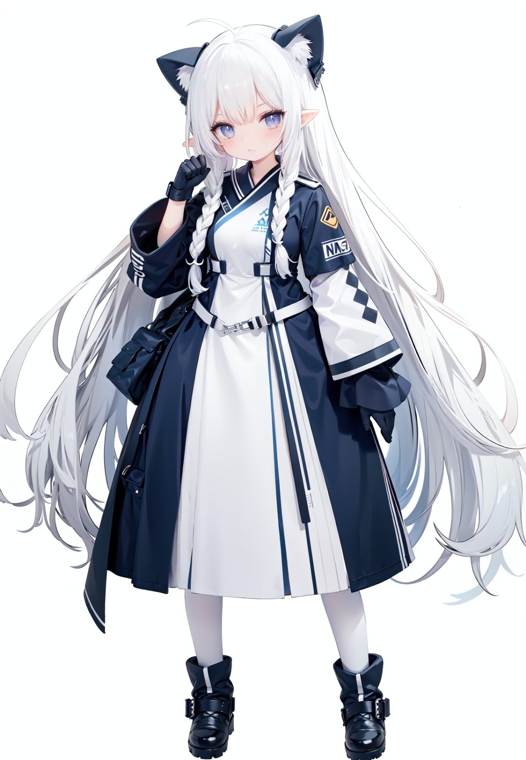  1girl, white_gloves, braid, full_body, gloves, long_hair, official_alternate_costume, pointy_ears, simple_background, solo, standing, very_long_hair, white_background, white hair, blue eyes, paw claw pose, open_mouth