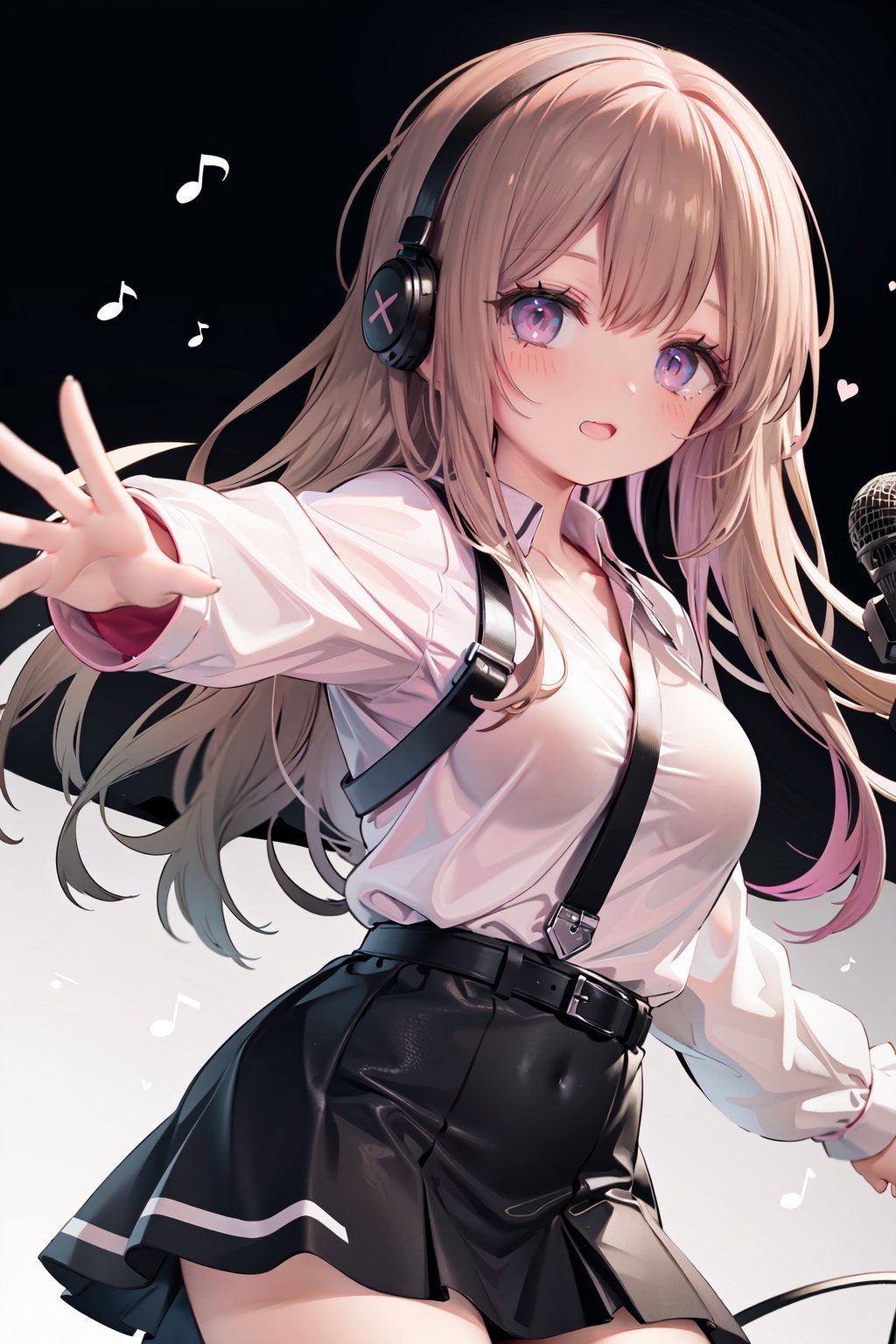  1girl, solo, microphone, smile, skirt, blush, brown eyes, long hair, open mouth, looking at viewer, brown hair, long sleeves, :d, shirt, bangs, belt, breasts, pink shirt, outstretched arm, music, black belt, medium breasts, holding microphone, singing