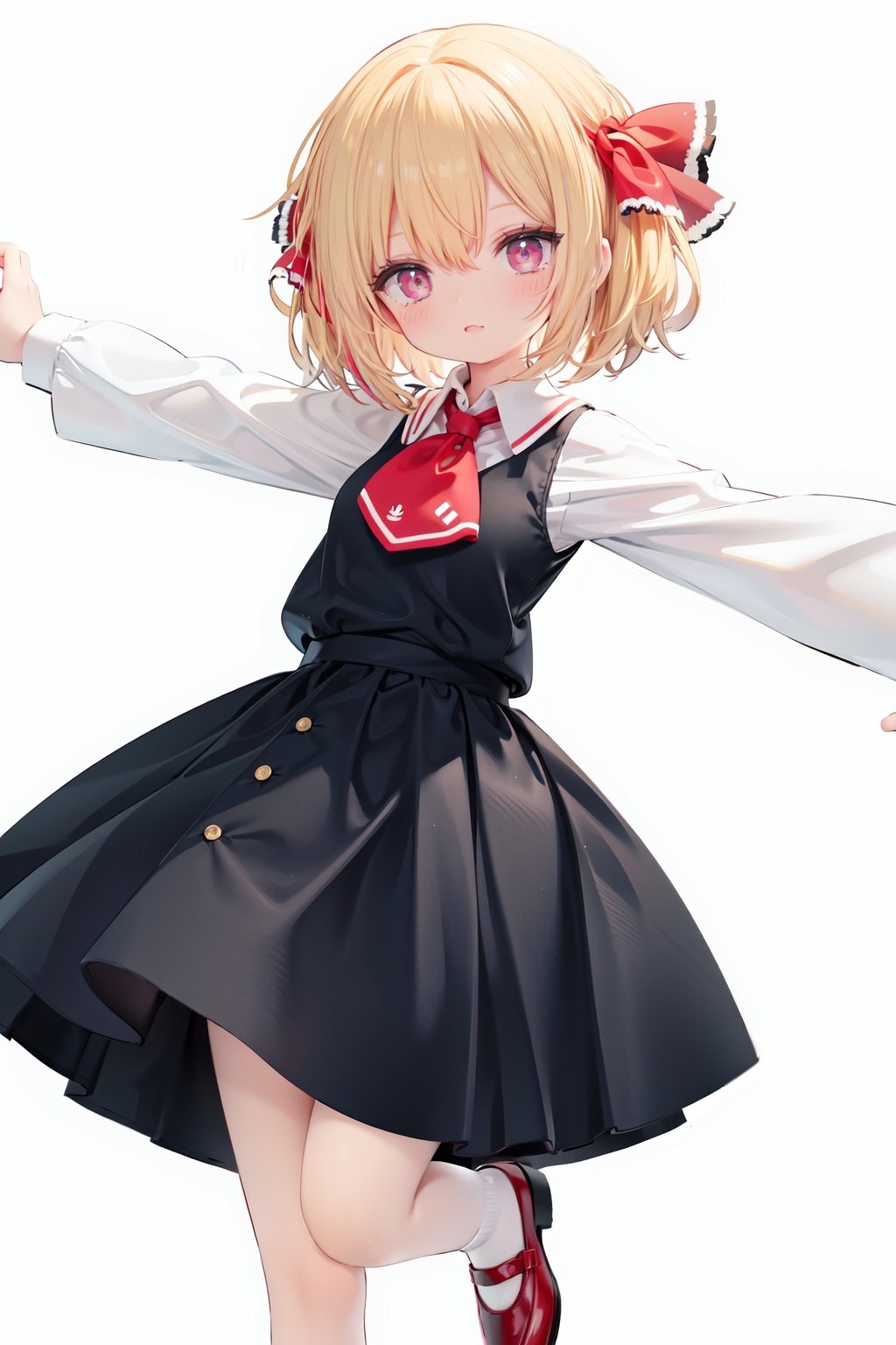  1girl, rumia, blonde hair, solo, white background, red eyes, red footwear, simple background, ascot, short hair, ribbon, open mouth, hair ribbon, smile, long sleeves, shirt, looking at viewer, red ascot, white socks, white shirt, red ribbon, shoes, socks, frills, bangs, outstretched arms, hair between eyes, skirt, :d, dress, vest, mary janes, black dress, black skirt, collared shirt, black vest, blush