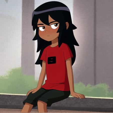 masterpiece,best quality,1girl,solo,upper body,sitting,blush,lookind at viewer,child,black hair,long hair ,red shirt,brown eyes,dark skinned female,official style ,anime coloring<lora:Ben10rebootstyle:0.8> 