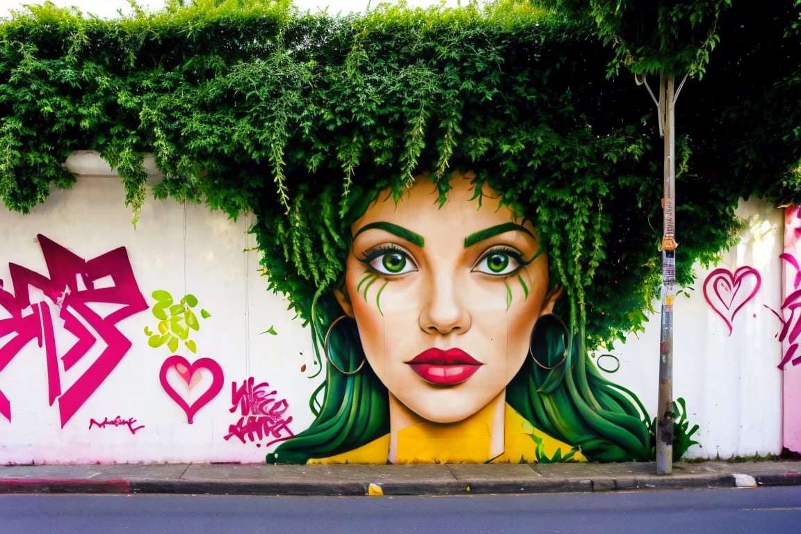 1 girl, portrait, green hair, tree, best quality, Graffitit, Street Art