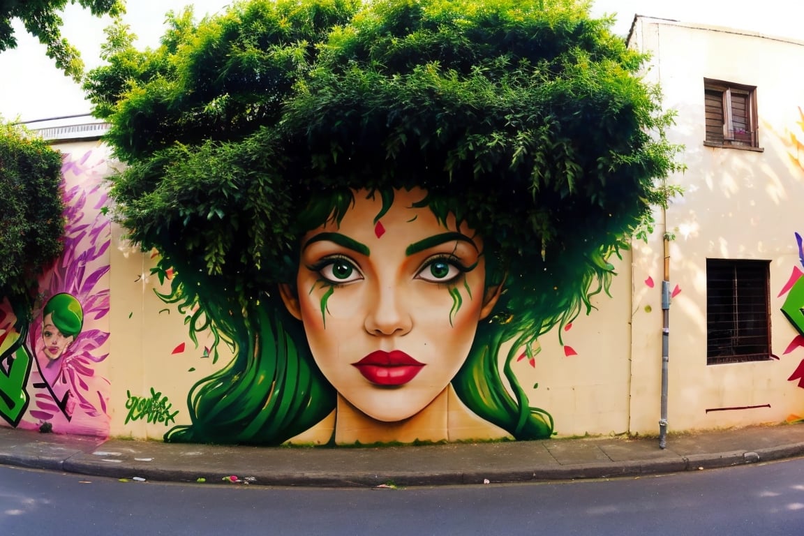 1 girl, portrait, green hair, tree, best quality, Graffitit, Street Art