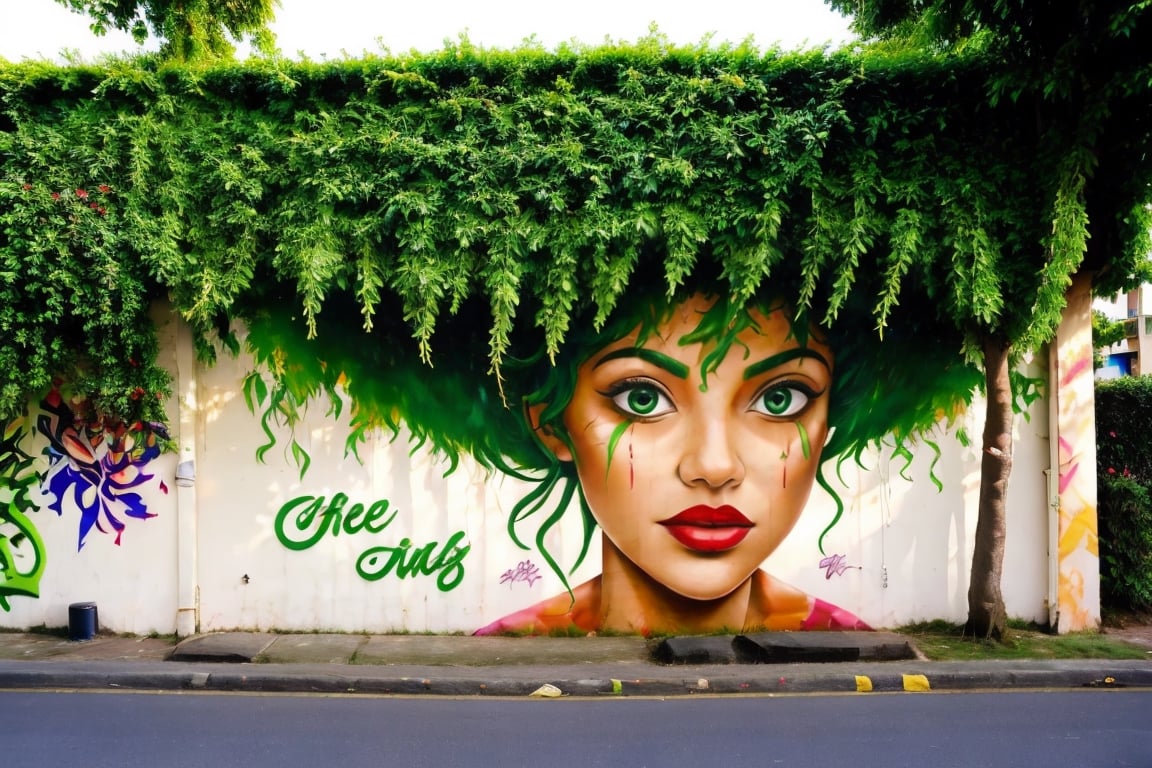 1 girl, portrait, green hair, tree, best quality, Graffitit, Street Art