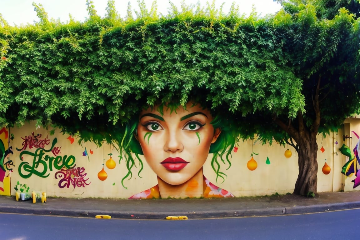 1 girl, portrait, green hair, tree, best quality, Graffitit, Street Art