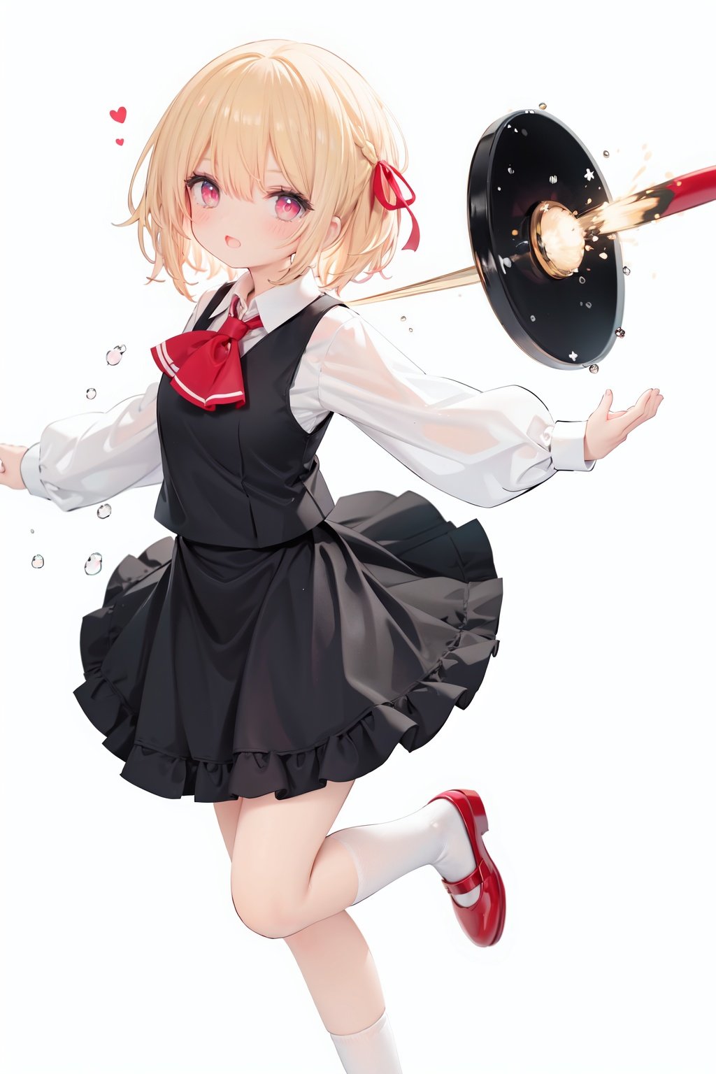  1girl, rumia, blonde hair, solo, white background, red eyes, red footwear, simple background, ascot, short hair, ribbon, open mouth, hair ribbon, smile, long sleeves, shirt, looking at viewer, red ascot, white socks, white shirt, red ribbon, shoes, socks, frills, bangs, outstretched arms, hair between eyes, skirt, :d, dress, vest, mary janes, black dress, black skirt, collared shirt, black vest, blush