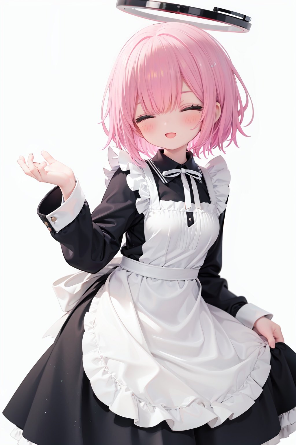  1girl, solo, apron, halo, hair over one eye, closed eyes, smile, white background, dress, white apron, simple background, long sleeves, multicolored hair, braid, open mouth, blue hair, alternate costume, blush, bangs, :d, pink hair, black dress, ribbon, frilled dress, enmaided, short hair, hand up, colored inner hair