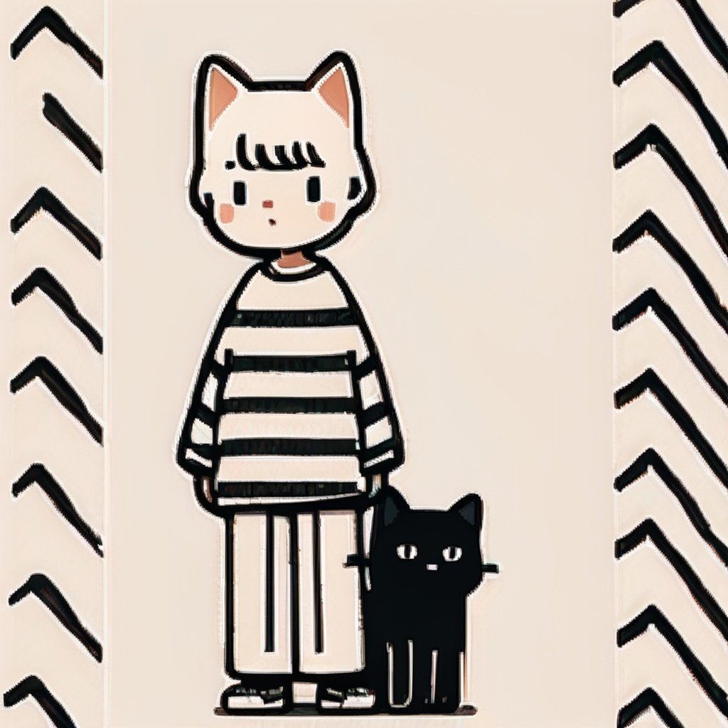 1girl, animal, black cat, black eyes, cat, full body, shirt, shoes, short hair, simple background, solo, standing, striped, white background, white cat, simpleline,<lora:simplelines:1>