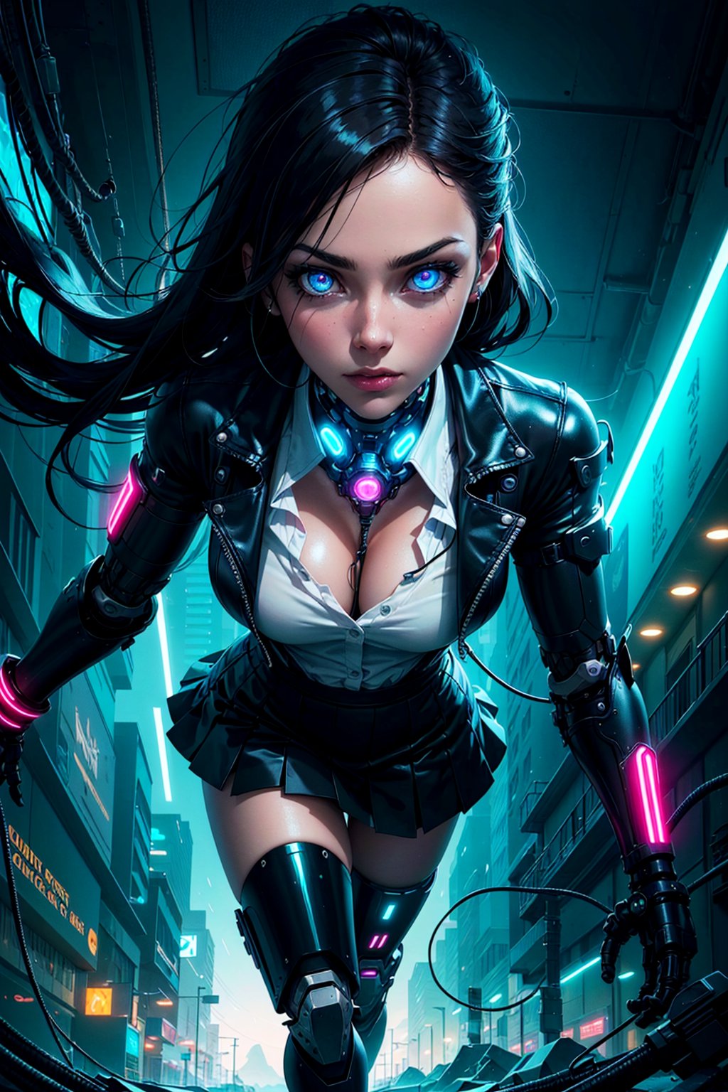 full body of cyborg lady, cybernetic jaw, mechanical parts, white shirt, unbottoned, black latex skirt, metal skin, glowing red eyes, cables, wires, black hair, simple backgroundmasterpiece, best quality, realistic, ultra highres, depth of field, (full dual colour neon lighting:1.2), (detailed face:1.4), (detailed eyes:1.2), (detailed background:1.2), (mountain:1) (masterpiece:1.2), (ultra detailed), (best quality), intricate, comprehensive cinematic, magical photography, (gradients), colorful, detailed landscape, visual key, shiny skin,