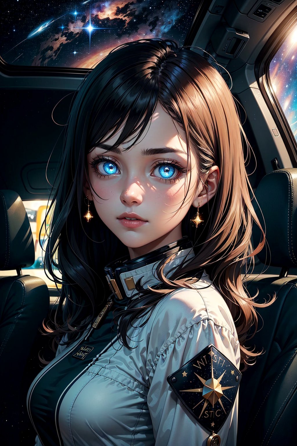 1girl, solo, looking at viewer, detailed background, detailed face,  (glowing eyes:1.2), living star constellation, star sign, calm, pisces, esoteric  patterns, interstellar energy, stars, bright Taxi Cab Yellow lights, cosmic light,  shine, weightlessness, backlighting, cosmic space background, surreal ethereal atmosphere, (detailed eyes:1.3)