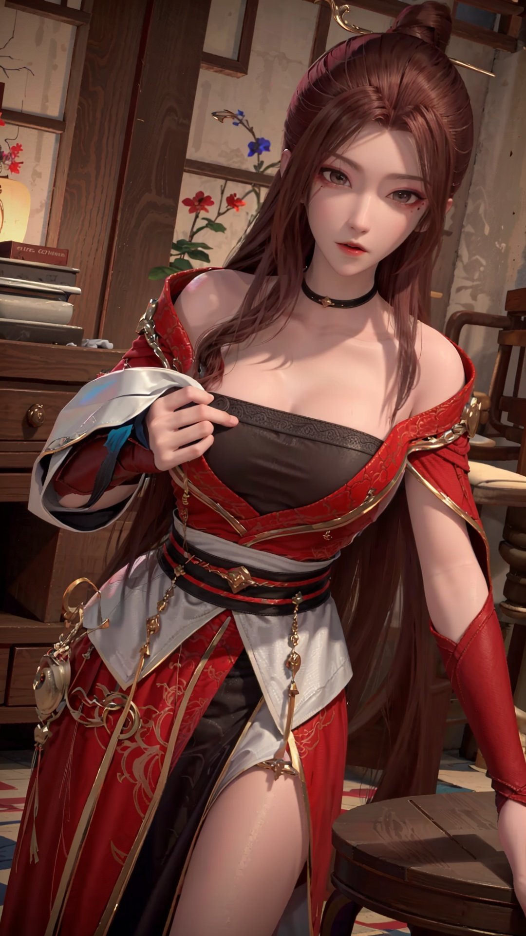  masterpiece,best quality,1girl, breasts, long hair, red dress, bare_shoulders, cowboy shot, dynamic pose, dynamic angle,