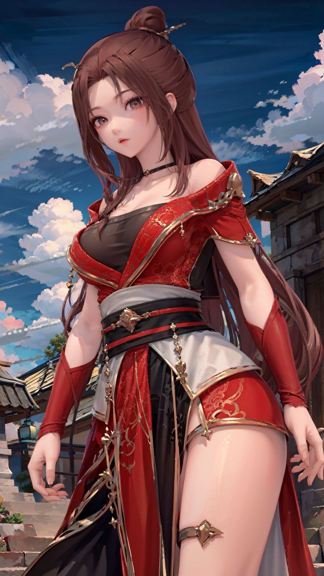  masterpiece,best quality,1girl, breasts, long hair, red dress, bare_shoulders, cowboy shot, dynamic pose, dynamic angle,