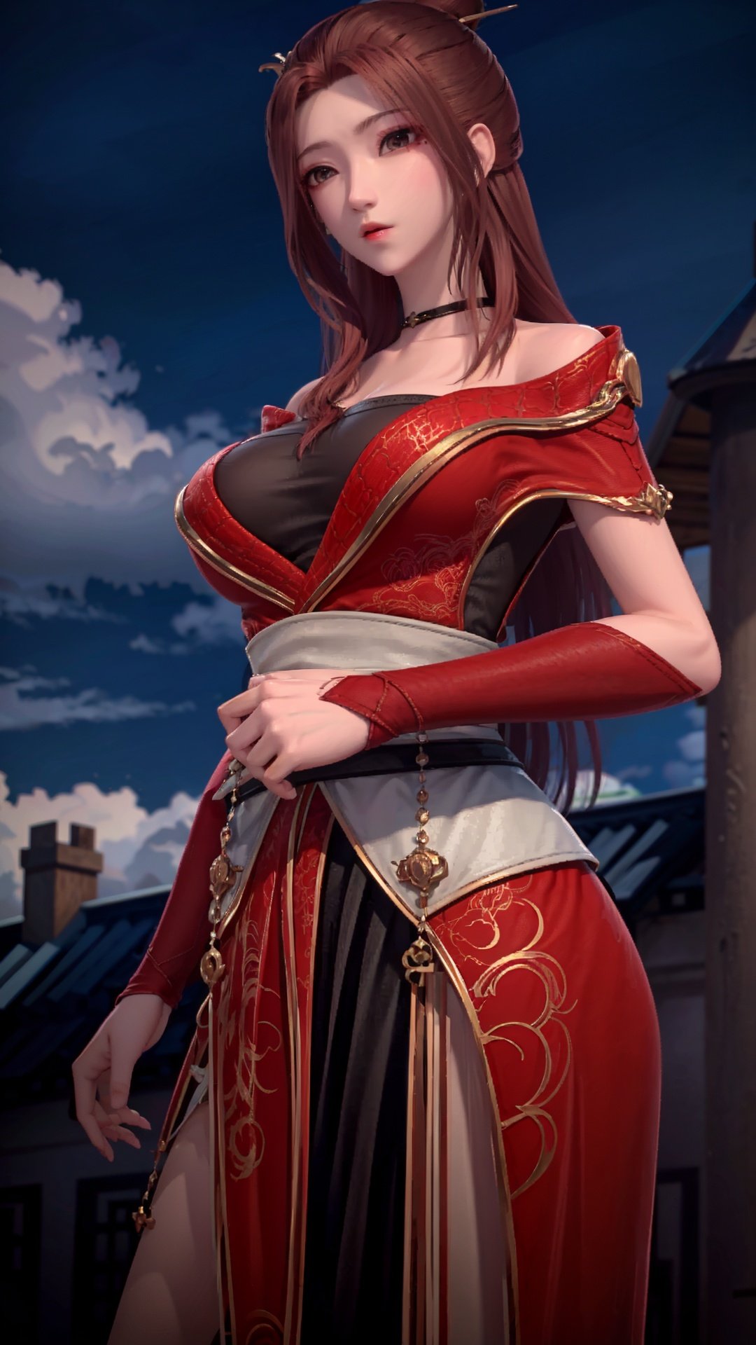  masterpiece,best quality,1girl, breasts, long hair, red dress, bare_shoulders, cowboy shot, dynamic pose, dynamic angle,