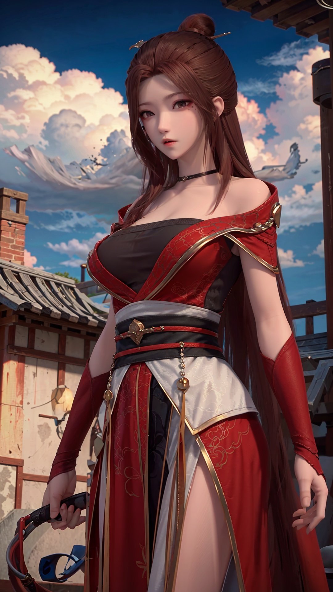  masterpiece,best quality,1girl, breasts, long hair, red dress, bare_shoulders, cowboy shot, dynamic pose, dynamic angle,