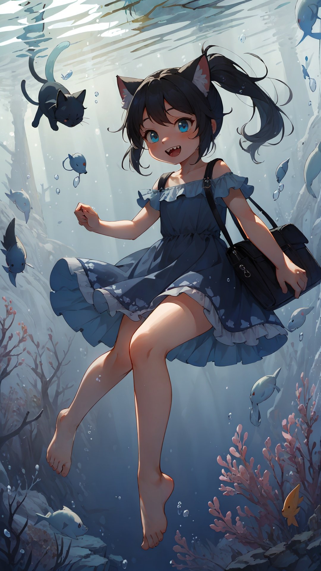  gura_neko, (loli:1),blue dress, cat ears, side ponytail, shoulder bag,qzqban,white background,barefoot,bare legs,sharp teeth,full body, watercolor,:d, qzqban,underwater, shuixia, 1girl, houtufeng,at night,darkness