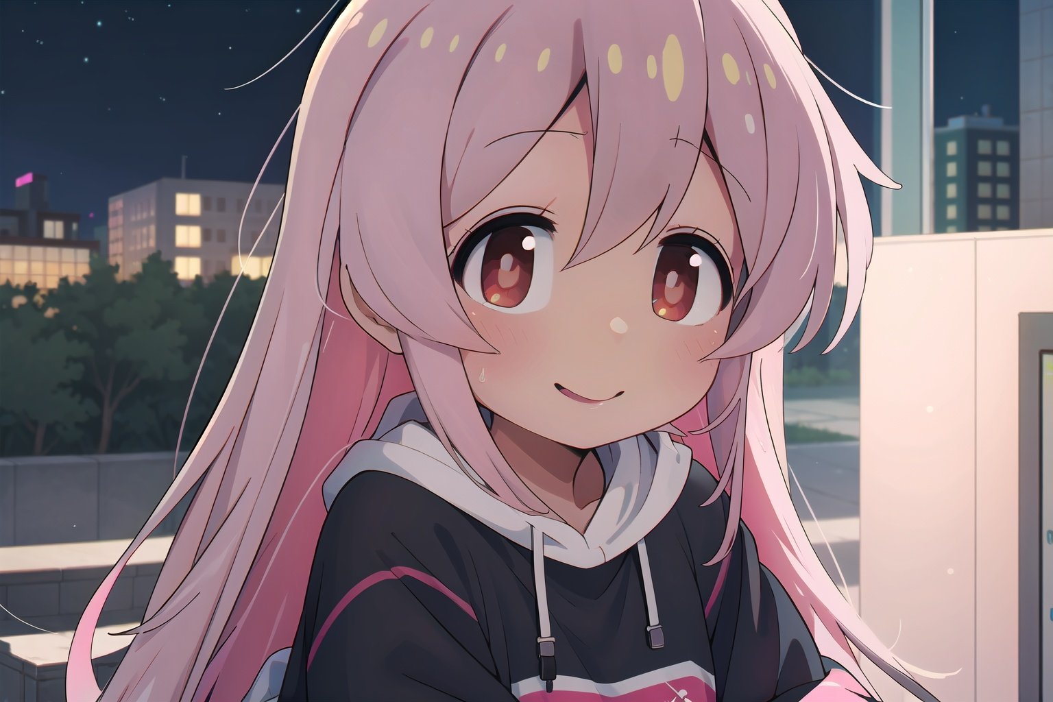  (1girl:0.6),thin,very long hair,dark pink hair,light eyes,small breasts,white_hoodie,black skirt,(wrinkled white socks),(sneakers),closed mouth,(happy),star,(nebula),star_(sky), building,street,cityscape,masterpiece,best quality,official art,extremely detailed CG unity 8k wallpaper,cozy anime, cuteloli, (anime style), (anime screen), portrait, close up, pink hair, red eyes, anime style, 1girl, solo, long hair, looking at viewer, hair, blurry, blurry background, blush, bangs, depth of field,cuteloli,mahiro, mahiro,at night,darkness