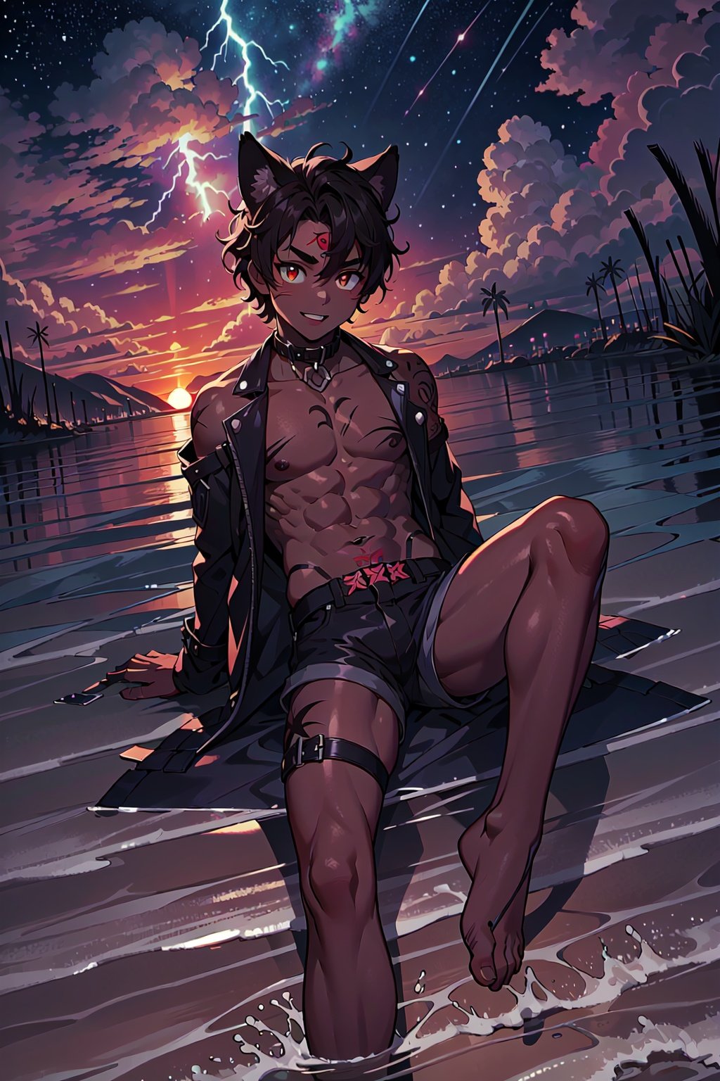  goggles_on_forehead,(masterpiece:1,2), best quality, masterpiece, highres, original, extremely detailed wallpaper, perfect lighting,(extremely detailed CG:1.2), drawing, collar, collarbone, short shorts, animal ears, furry male, (dark skin:1.2), shota, happy sex, short hair, breast tattoo,crotch tattoo,Hand Strap, barefoot, muscular male, Leg loop,messy hair,revealing clothes, scar on face, naked coat, Expose shoulders,Beautiful and detailed explosion,Burn oneself in flames, curly hair,thick eyebrows,Eyes glow, thick thighs, thick arms, young boy,Lightning surround,Ball lightning,((Sunset _ gorgeous starry sky)),Lying on water, extending his left hand into the air,at night