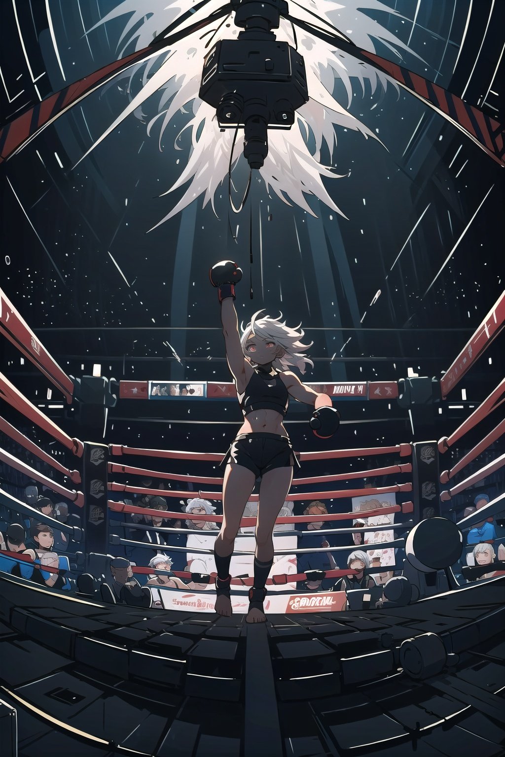  (Boxing ring, Final battle,full body, Expressionless face, Spotlights),

(1girl),((spraking eyes:1.6)),(sleepy),(muscular:1.3),(bare feet),

(lion hair:1.3),(white hair:1.5),

(white singlet),(black shorts),

(Dramatic atmosphere: 1.2, Intense theme color: 1.1),

(Emptiness in the background to emphasize the scene),

(Wide shot from above to show the scale of the fight, Adding motion blur effect to show action),

As the spotlights shine down on the boxing ring, a young girl stands silently. This is it, her final battle. The dramatic atmosphere is palpable with tense music playing in the background and the bright lights shining down upon her. The intense theme color of the scene emphasizes the gravity of the situation as she steps towards her opponent. The emptiness in the background leaves all focus on the girl and her opponent, emphasizing the importance of their struggle. A wide shot from above captures the scale of the fight, allowing the audience to fully experience the intensity of the moment. The addition of motion blur effects shows the swift and powerful punches being thrown. The girl may be expressionless, but there is fierce determination in her eyes as she prepares for what will be the greatest challenge of her life.,girl,Cyberworld,at night