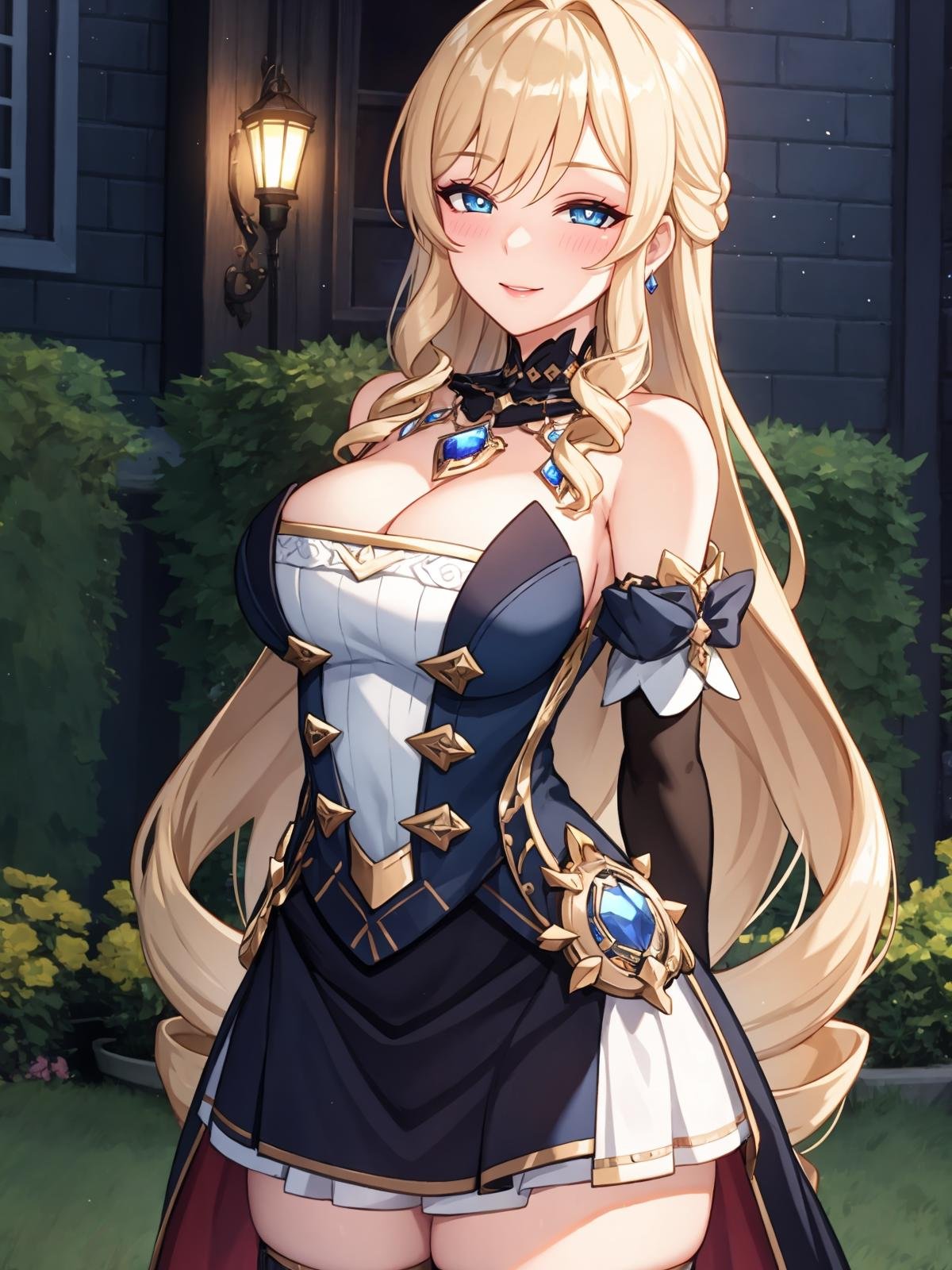 (extremely detailed CG), (best quality), 1girl, perfect face, bright pupils, (finely detailed beautiful eyes), wide hips, narrow waist, NaviaGenshin, very long hair, large breasts, bare shoulders, dress, jewelry, detached sleeves, gem, elbow gloves, thighhighs, thigh boots, garden, light smile, arms behind back,  cowboy shot, half-closed eyes, blush,  <lora:NaviaGenshin:0.5>