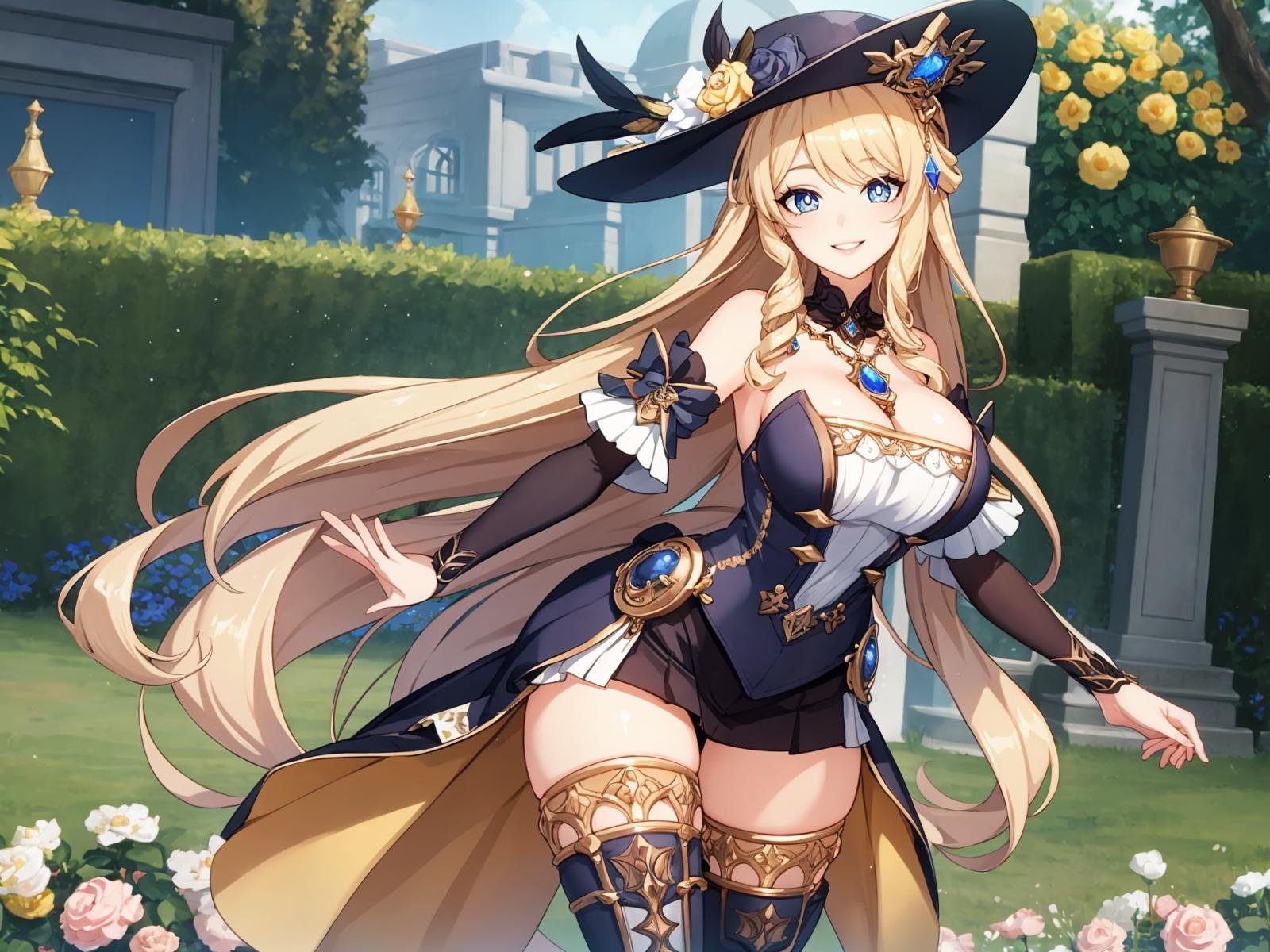 (extremely detailed CG), (best quality), 1girl, perfect face, bright pupils, (finely detailed beautiful eyes), wide hips, narrow waist, NaviaGenshin, very long hair, large breasts,hat, bare shoulders, dress, jewelry, detached sleeves, gem, elbow gloves, thighhighs, thigh boots, garden, smile, panoramic view <lora:NaviaGenshin:0.5>