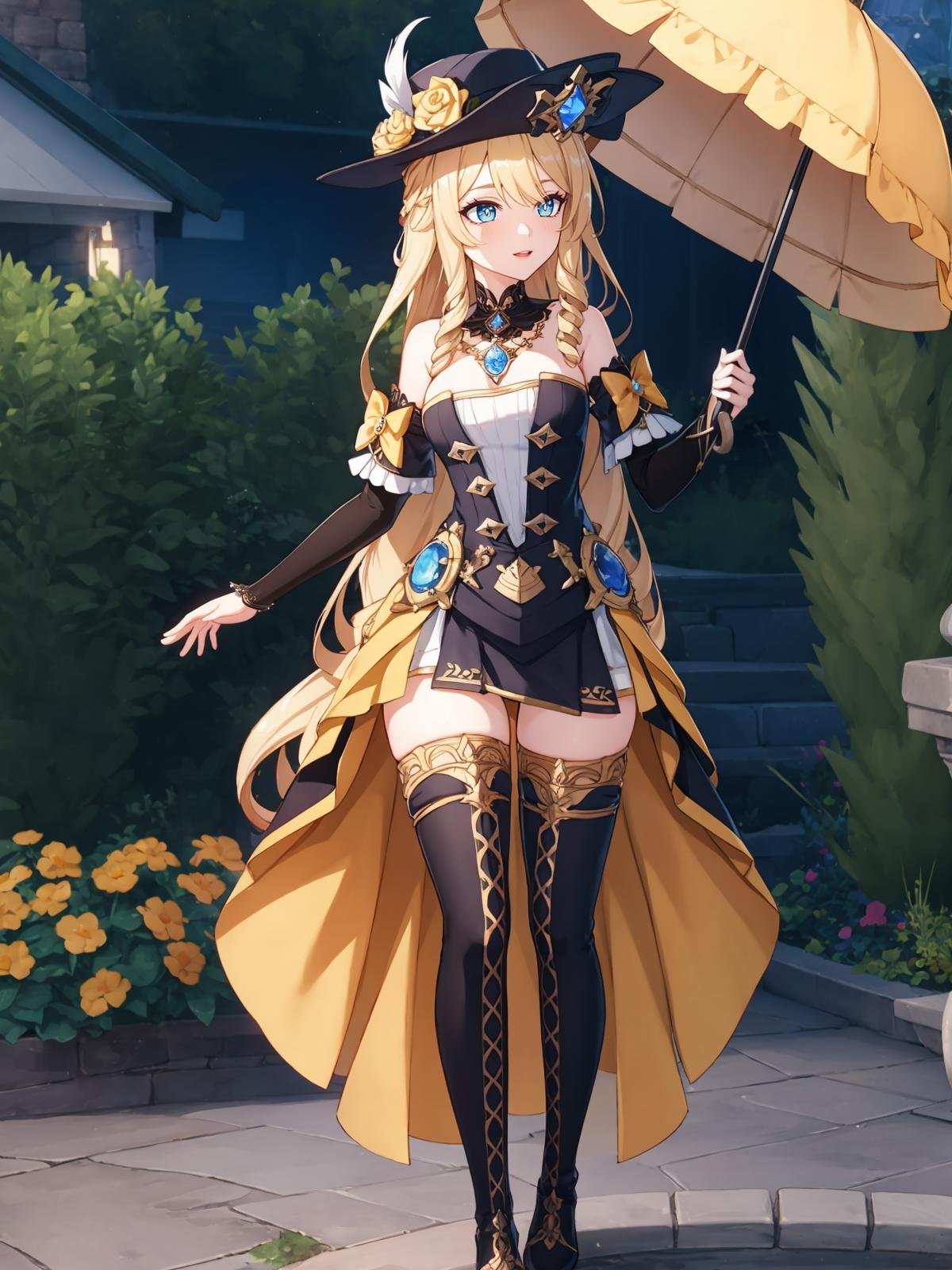 (extremely detailed CG), (best quality), 1girl, perfect face, bright pupils, (finely detailed beautiful eyes), wide hips, narrow waist, NaviaGenshin, very long hair, hat, bare shoulders, dress, jewelry, detached sleeves, gem, elbow gloves, thighhighs, holding umbrella, thigh boots, full body, garden,  <lora:NaviaGenshin:0.5>