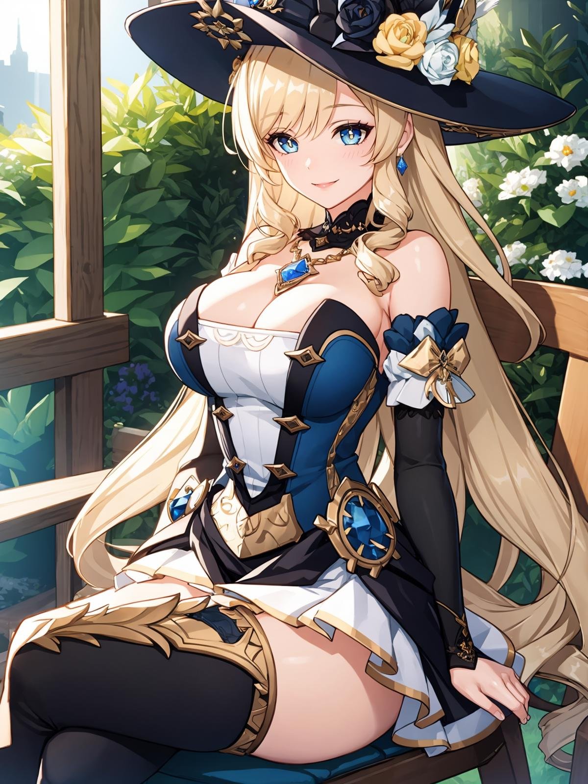 (extremely detailed CG), (best quality), 1girl, perfect face, bright pupils, (finely detailed beautiful eyes), wide hips, narrow waist, NaviaGenshin, very long hair, large breasts,hat, bare shoulders, dress, jewelry, detached sleeves, gem, elbow gloves, thighhighs, thigh boots, garden, sitting, on chair, crossed legs,  smile,  <lora:NaviaGenshin:0.5>