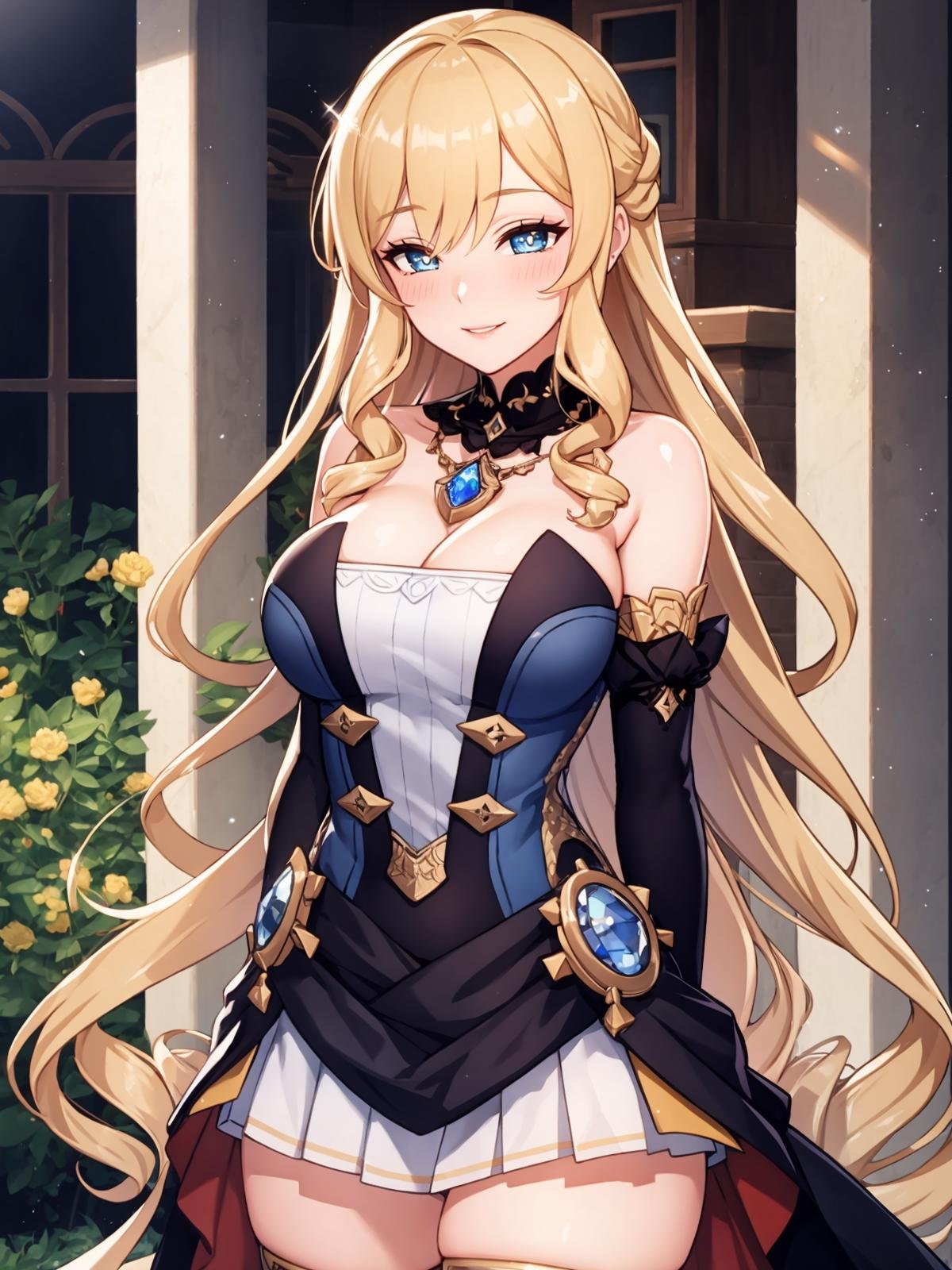 (extremely detailed CG), (best quality), 1girl, perfect face, bright pupils, (finely detailed beautiful eyes), wide hips, narrow waist, NaviaGenshin, very long hair, large breasts, bare shoulders, dress, jewelry, detached sleeves, gem, elbow gloves, thighhighs, thigh boots, garden, light smile, arms behind back,  cowboy shot, half-closed eyes, blush,  <lora:NaviaGenshin:0.5>