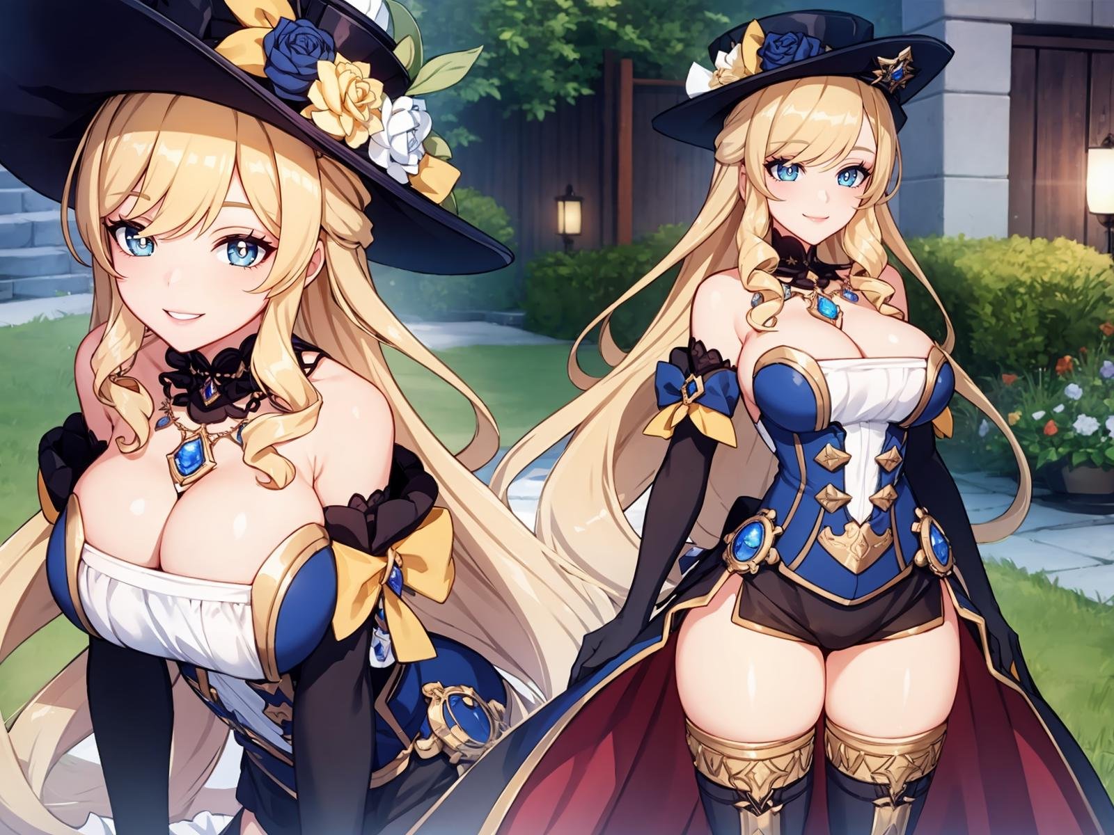 (extremely detailed CG), (best quality), 1girl, perfect face, bright pupils, (finely detailed beautiful eyes), wide hips, narrow waist, NaviaGenshin, very long hair, large breasts,hat, bare shoulders, dress, jewelry, detached sleeves, gem, elbow gloves, thighhighs, thigh boots, garden, smile, panoramic view <lora:NaviaGenshin:0.5>