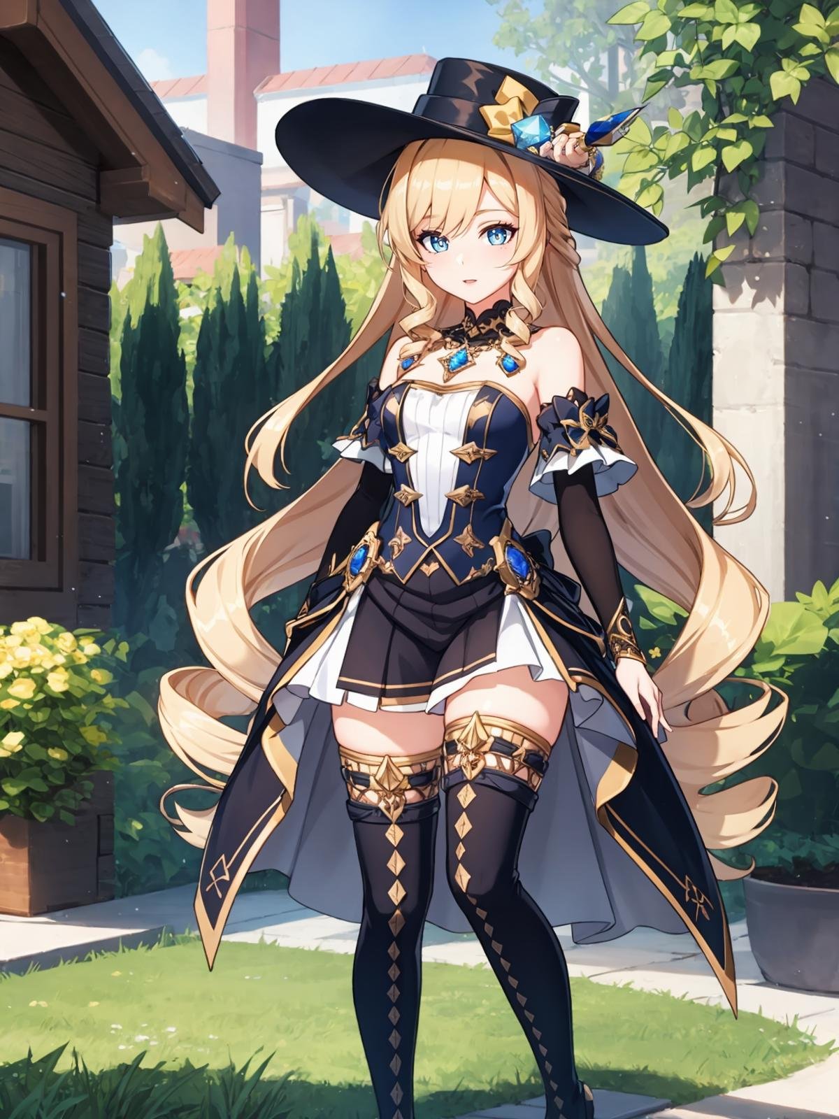 (extremely detailed CG), (best quality), 1girl, perfect face, bright pupils, (finely detailed beautiful eyes), wide hips, narrow waist, NaviaGenshin, very long hair, hat, bare shoulders, dress, jewelry, detached sleeves, gem, elbow gloves, thighhighs, holding umbrella, thigh boots, full body, garden,  <lora:NaviaGenshin:0.45>