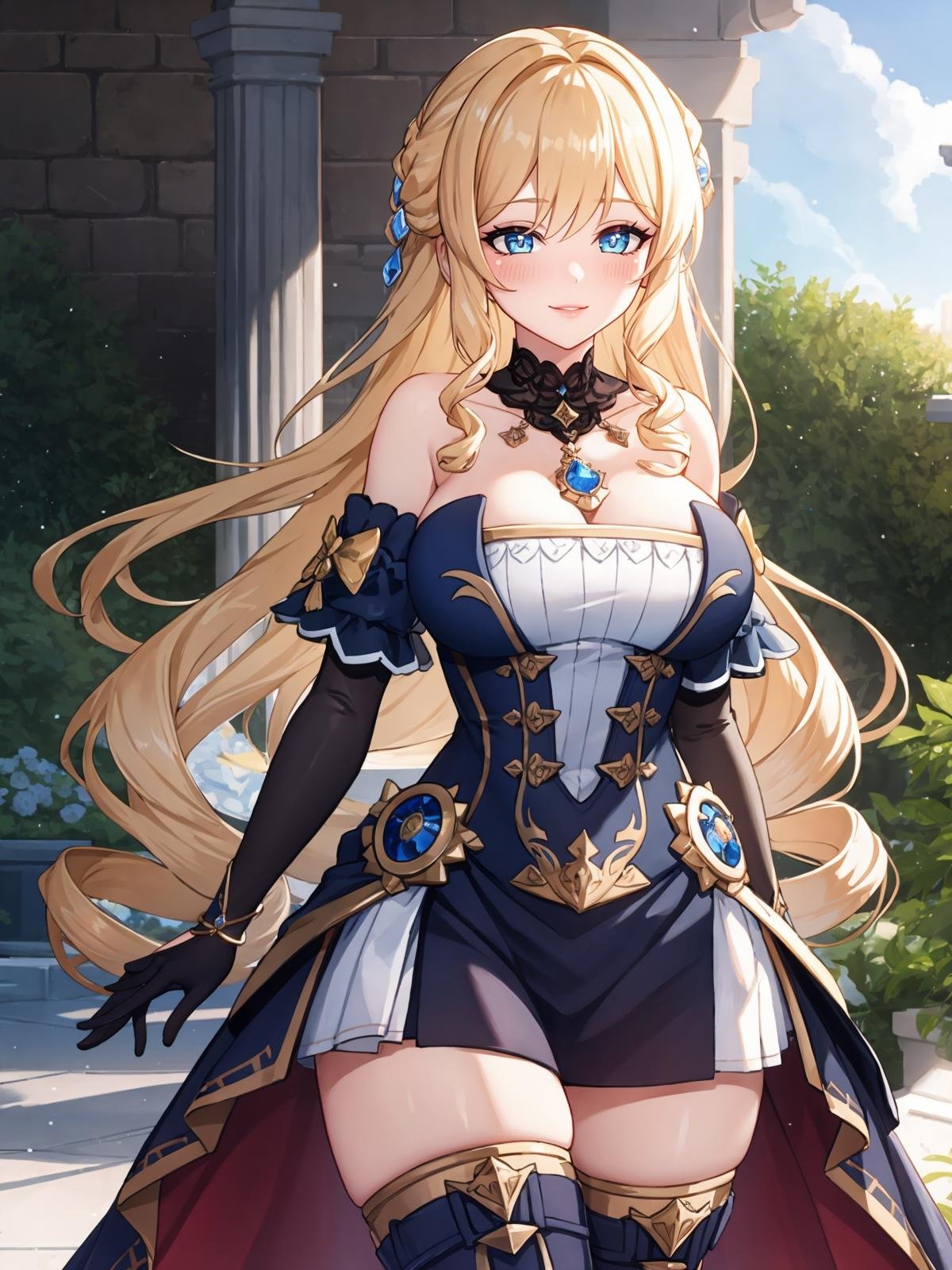 (extremely detailed CG), (best quality), 1girl, perfect face, bright pupils, (finely detailed beautiful eyes), wide hips, narrow waist, NaviaGenshin, very long hair, large breasts, bare shoulders, dress, jewelry, detached sleeves, gem, elbow gloves, thighhighs, thigh boots, garden, light smile, panoramic view, cowboy shot, half-closed eyes, blush,  <lora:NaviaGenshin:0.5>