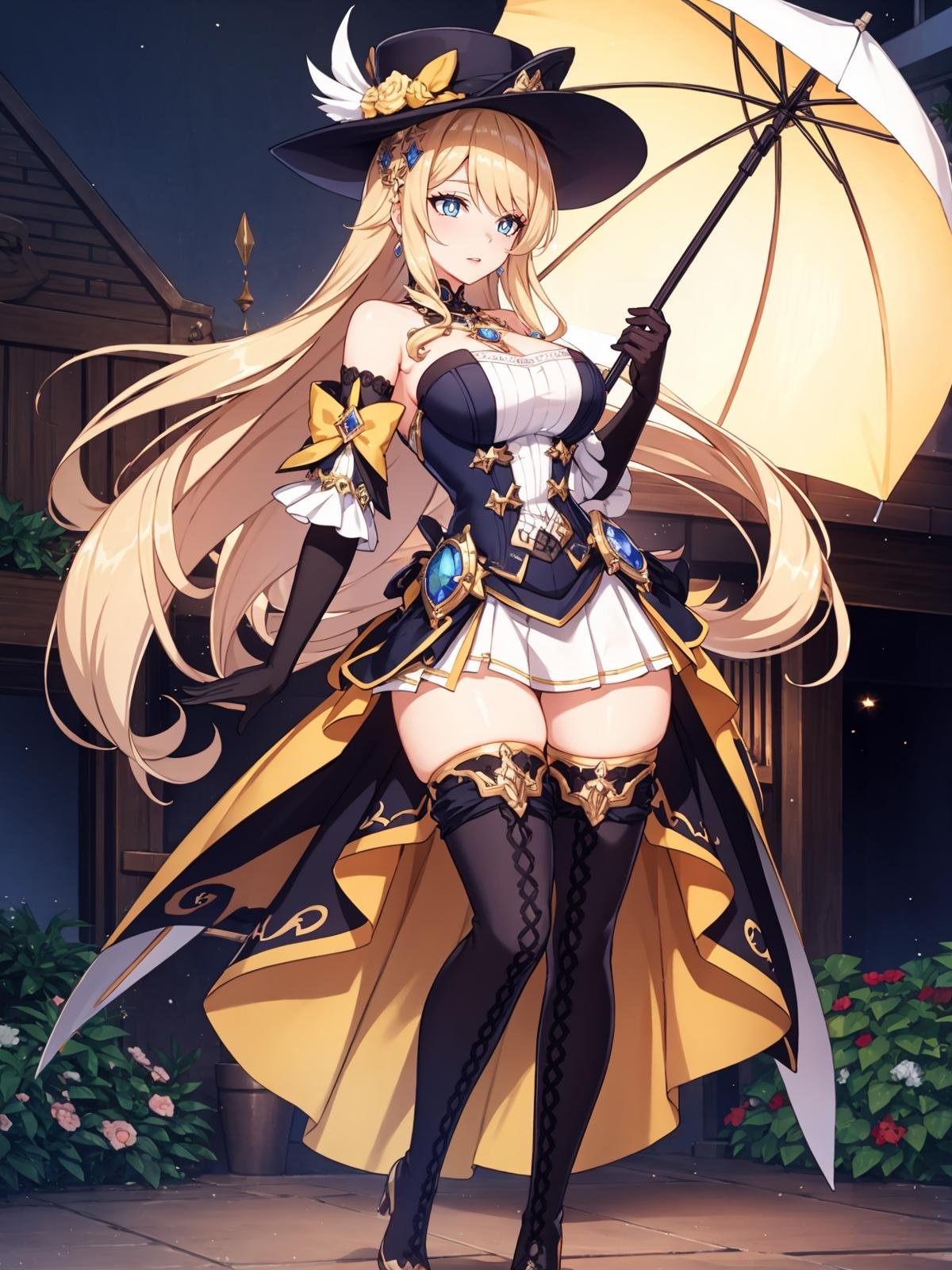 (extremely detailed CG), (best quality), 1girl, perfect face, bright pupils, (finely detailed beautiful eyes), wide hips, narrow waist, NaviaGenshin, very long hair, large breasts,hat, bare shoulders, dress, jewelry, detached sleeves, gem, elbow gloves, thighhighs, holding umbrella, thigh boots, full body, garden,  <lora:NaviaGenshin:0.45>