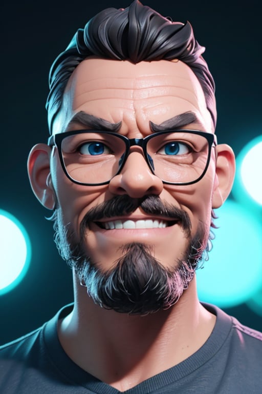 creating a character from an animated cartoon,  a happy man with black glasses and a blue shirt,  black eyes,  grey beard,  stylized character,  in 3D stylized rendering using Arnold Maya render,  3D stylized rendering,  keyshot toon rendering,  3D character,  close-up character pose,  in the style of Pixar. The image should be a masterpiece,  with a scale of 1.2,  bokeh,  the best quality,  detailed skin,  detailed texture,  8K resolution,  clay texture,  cinematic lighting,  and a sharp focus, <lora:EMS-76424-EMS:0.800000>