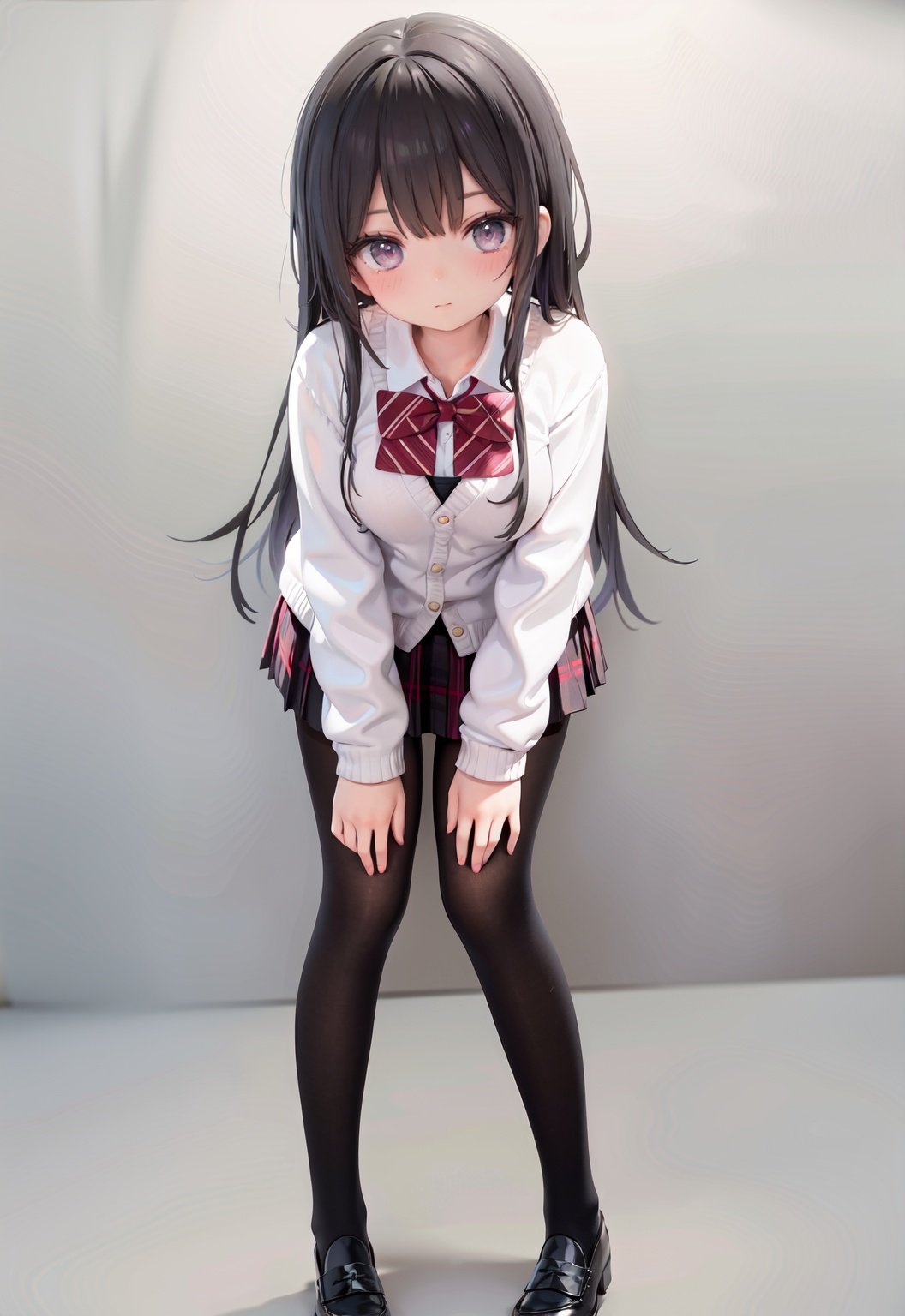  1girl, solo, pantyhose, skirt, long hair, loafers, shoes, simple background, school uniform, brown eyes, plaid, black pantyhose, plaid skirt, looking at viewer, black hair, pantyhose pull, full body, clothes pull, black footwear, pleated skirt, leaning forward, bangs, long sleeves, bent over, cardigan, bow, bowtie, standing, closed mouth, pulled by self, grey background, blush, miniskirt, red bow, sweater, undressing