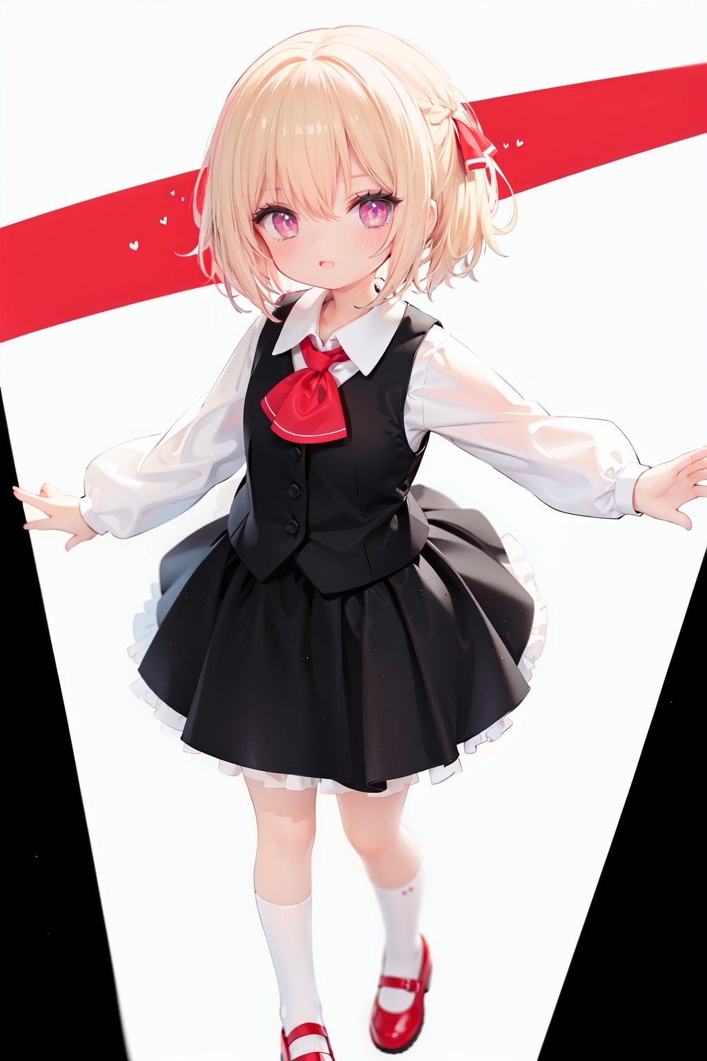  1girl, rumia, blonde hair, solo, white background, red eyes, red footwear, simple background, ascot, short hair, ribbon, open mouth, hair ribbon, smile, long sleeves, shirt, looking at viewer, red ascot, white socks, white shirt, red ribbon, shoes, socks, frills, bangs, outstretched arms, hair between eyes, skirt, :d, dress, vest, mary janes, black dress, black skirt, collared shirt, black vest, blush