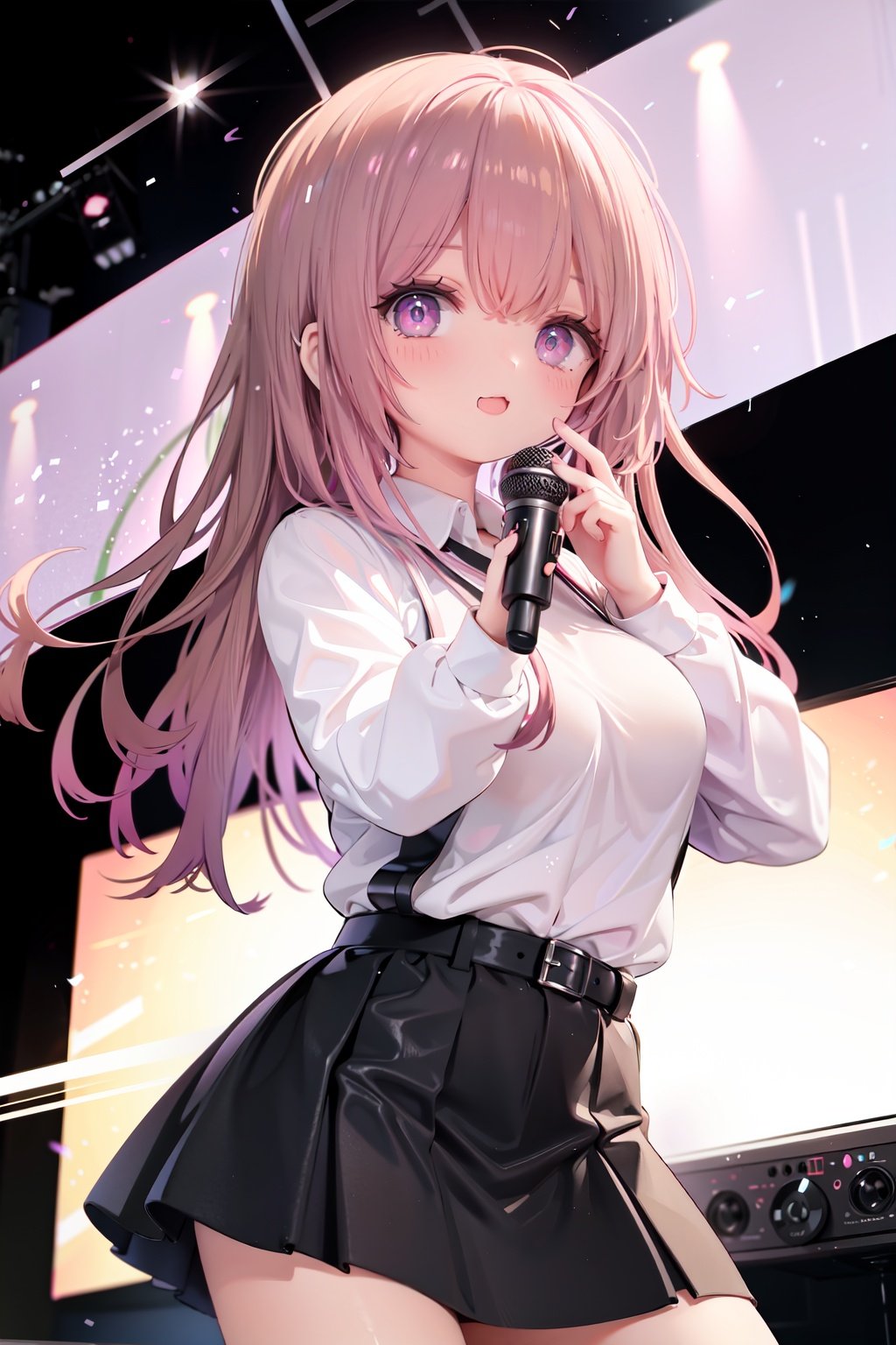  1girl, solo, microphone, smile, skirt, blush, brown eyes, long hair, open mouth, looking at viewer, brown hair, long sleeves, :d, shirt, bangs, belt, breasts, pink shirt, outstretched arm, music, black belt, medium breasts, holding microphone, singing