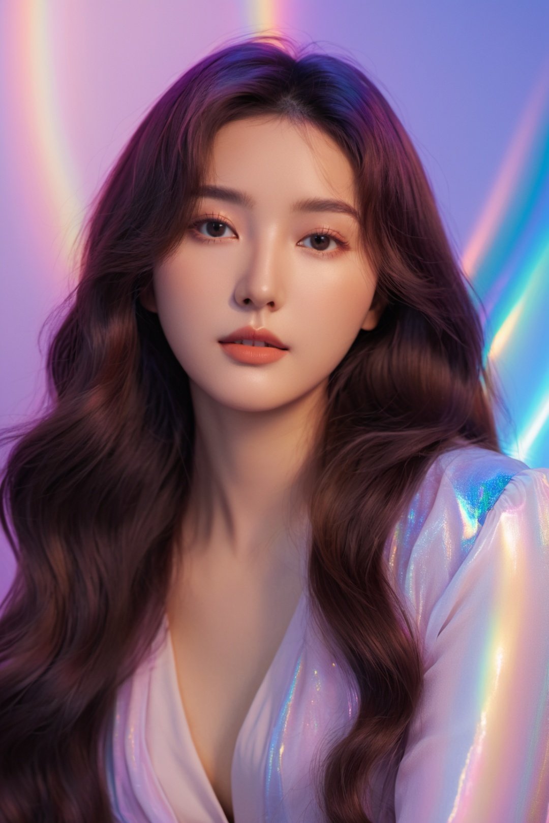  1girl, solo,long wavy hair,flowing rainbow colored holographic background,portrait, holographic, iridescent, vaporwave, fluid,niji style,realistic,monkren