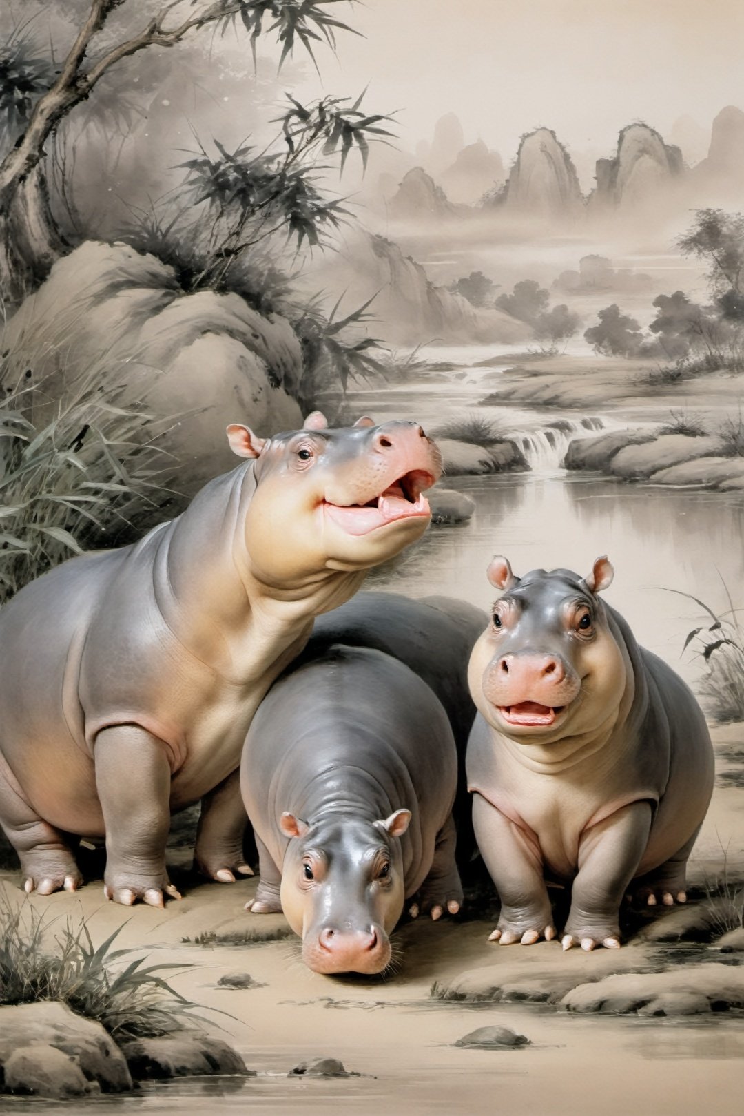  Masterpiece, best quality, true, photo, a group of hippos looking at the camera, cub, open mouth, surprised, scared, cute, high definition, 32k,traditional chinese ink painting