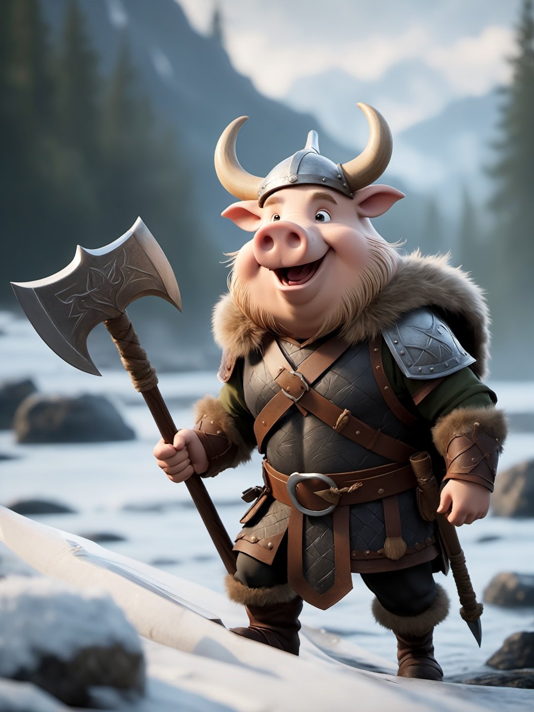 Wearing a horned helmet and fur cape, armed with a small axe, a chubby Pallas pig guides the ferocity of Viking raiders, 4K HD high resolution photos, realistic Hasselblad photography, studio lighting, Disney cartoon character design, Valhalla, Vikings, Viking warriors, canoes