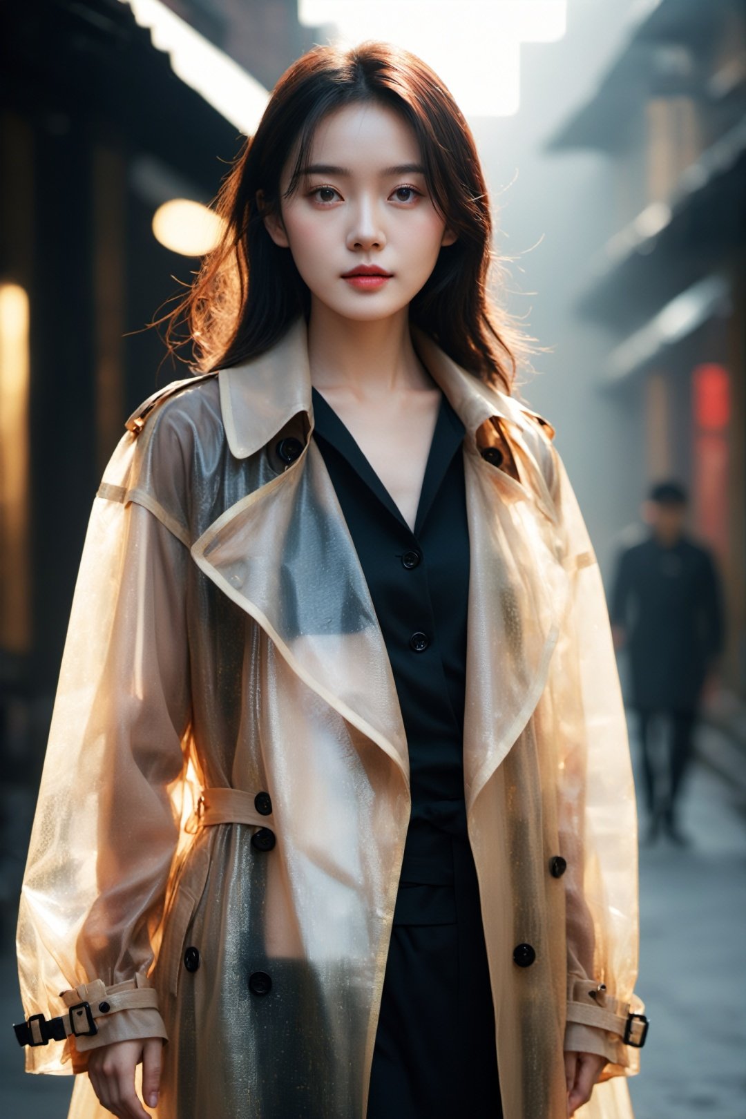  masterpiece, best quality,extra detailed, 8k,1 girl, (cute face:1.2),wearing a long transparent trench coat in black, gold and light red, with blurred light and shadow in the background, hazy texture, full body photo, facing the camera, beautiful face, photographic texture, movie texture, xm,1girl,xxmixgirl,chinese woman