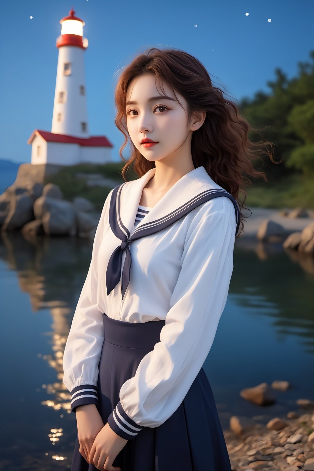  Real photos (1girl: 1.2), curly hair, (sailor suit: 1.3), (realistic style), (lonely lighthouse standing on the shore), (night), (moonlight), (breeze), (sparkling water), a clear stream flowing slowly, (natural scenery), (distant mountains), (starry sky), (peaceful atmosphere), master work, high detail, (close-up of characters)