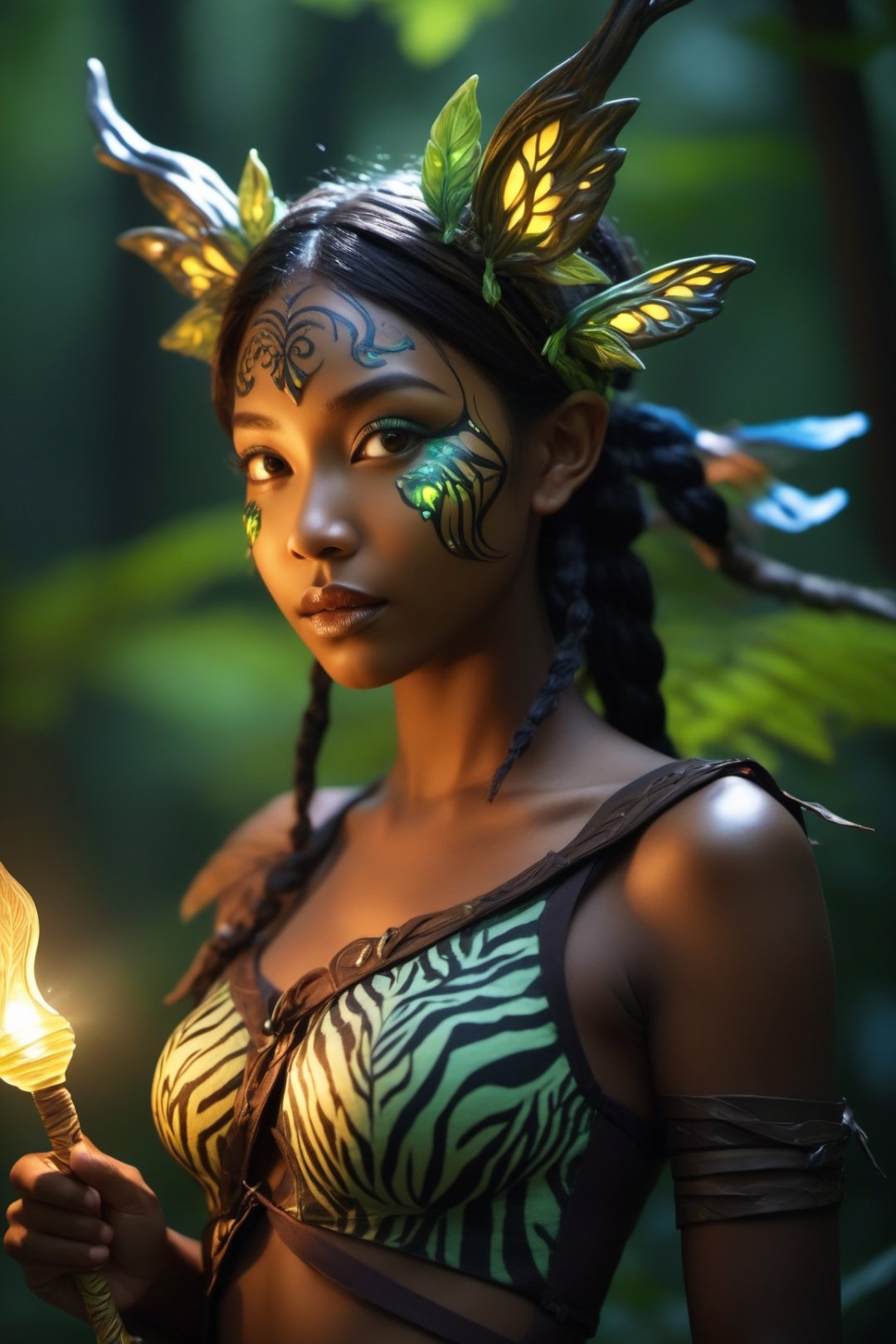  (Masterpiece), (best quality), professional photo, detailed,), (forest fairy), night elf, (firefly), handsome face, healthy dark skin, hunter costume, carrying weapons, tiger-like patterns on the face, model photography, delicious light, shadow puppetry, (wallpaper), 8k, high resolution, (specular reflection), exquisite style, natural light and shadow, real light and shadow,