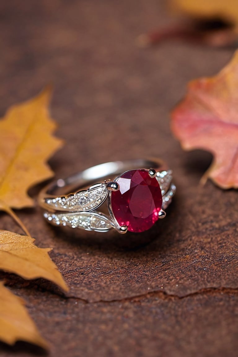  Dead leaf covering ring, ruby ring, (advertising flyer), sparkling gemstone ring, Fuji, bokeh