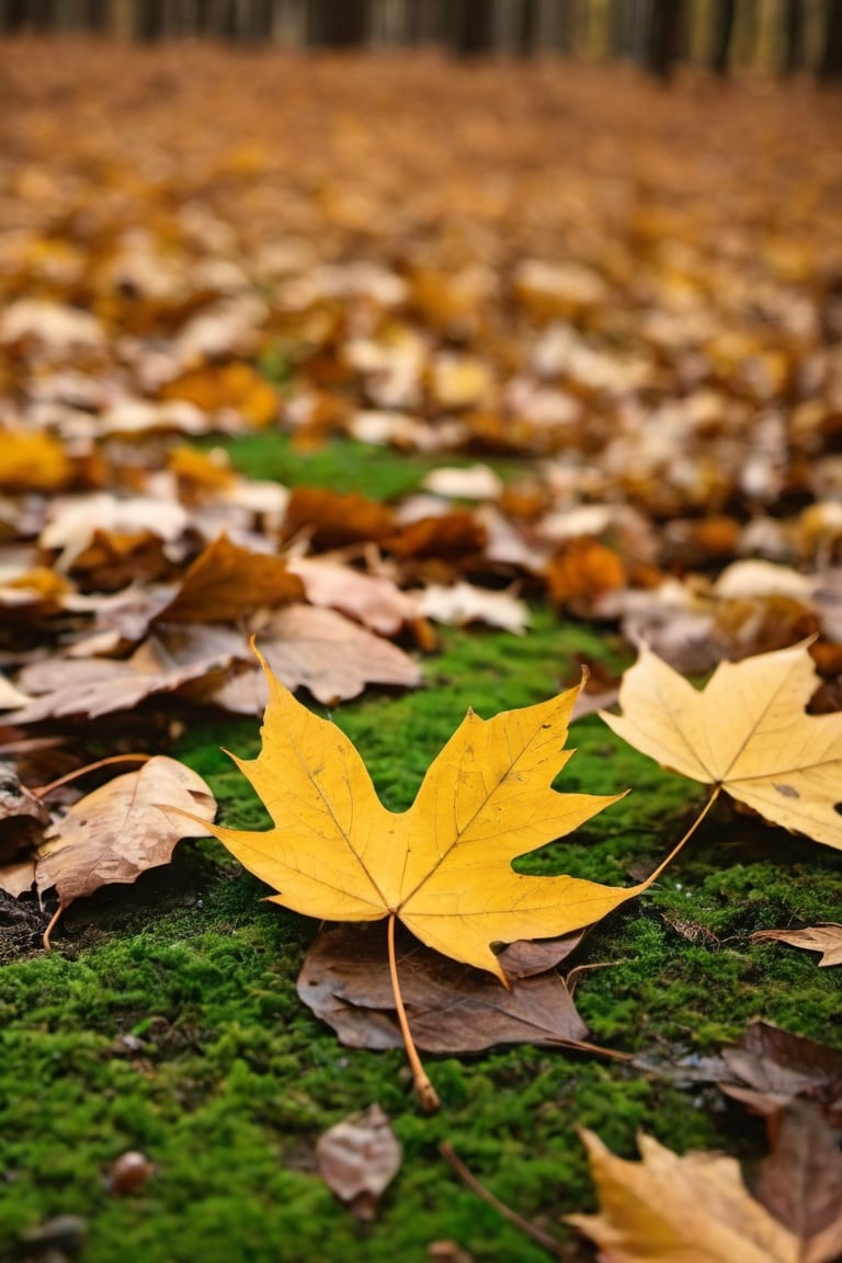  leaves laying on the forest surface, autumn tranquility, soft light, (autumn theme), beautiful autumn woods, FUJI ,bokeh